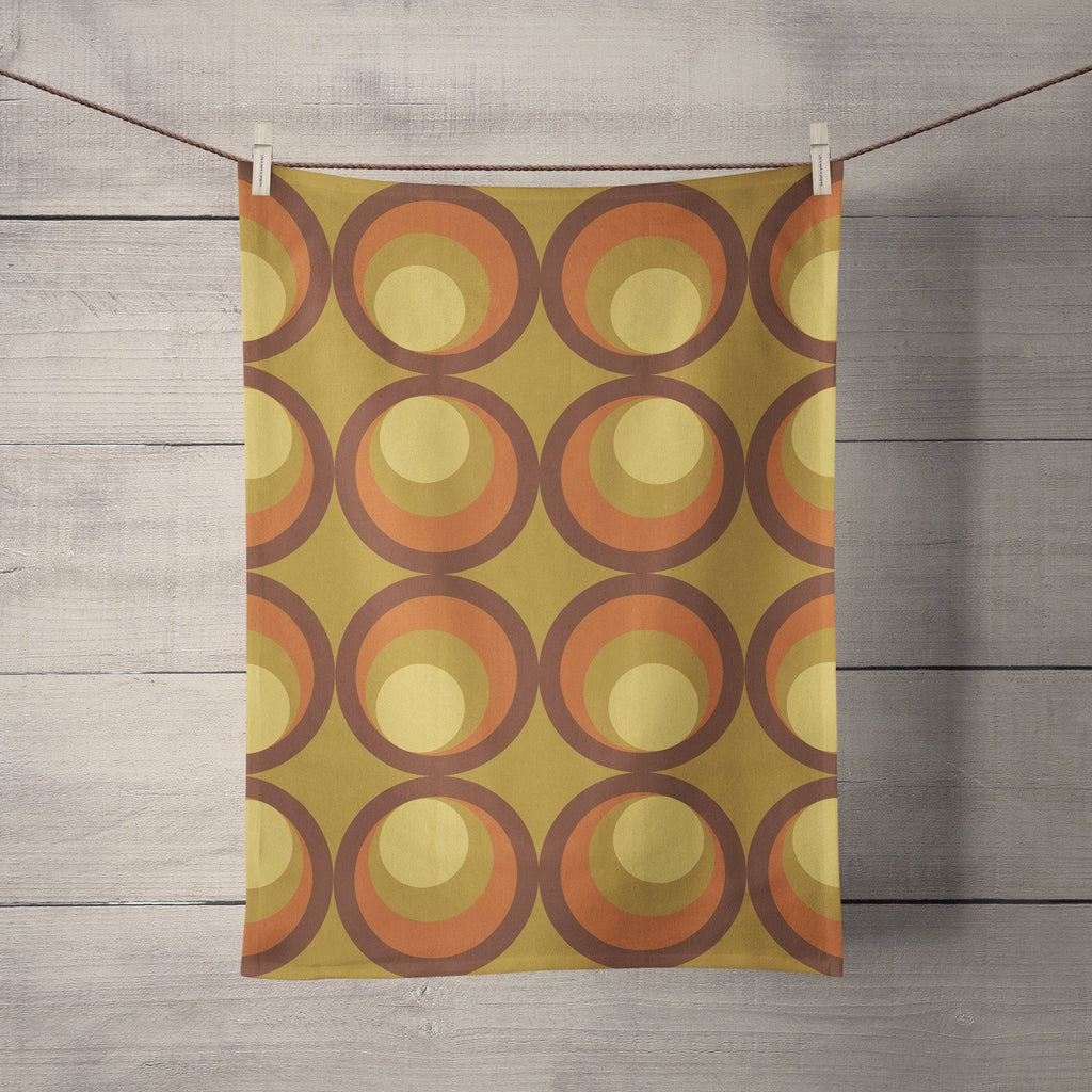 Mustard Yellow Tea Towel with Retro Orange and Brown Circle Design