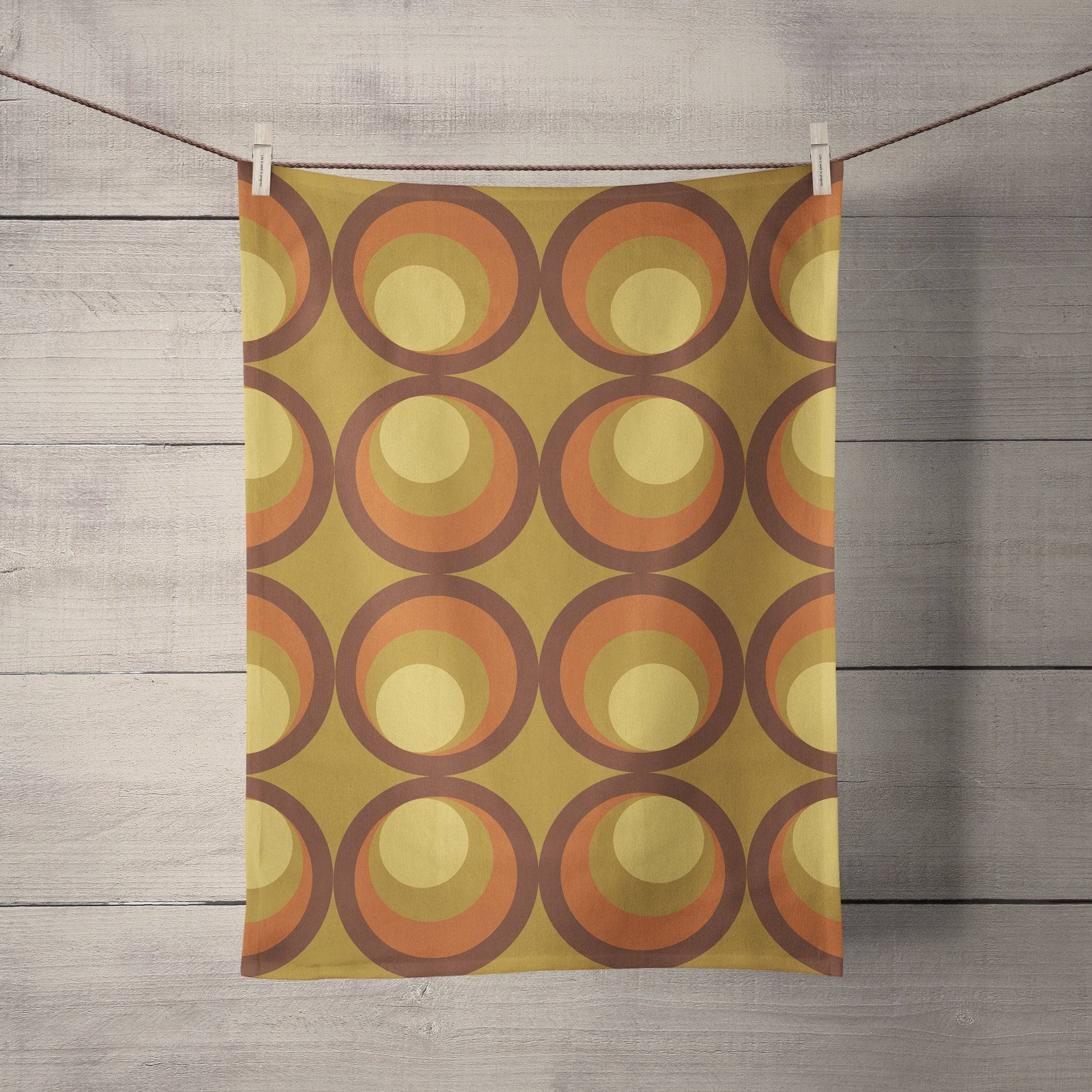 Mustard Yellow Tea Towel with Retro Orange and Brown Circle Design