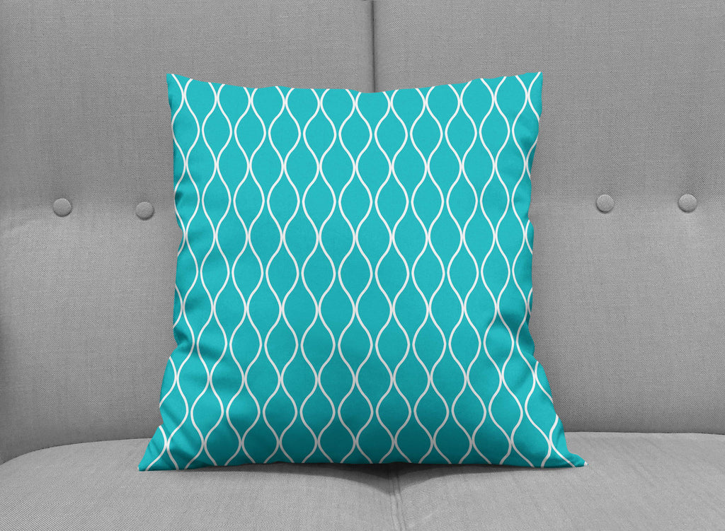 Turquoise Throw Pillow with White Geometric Design