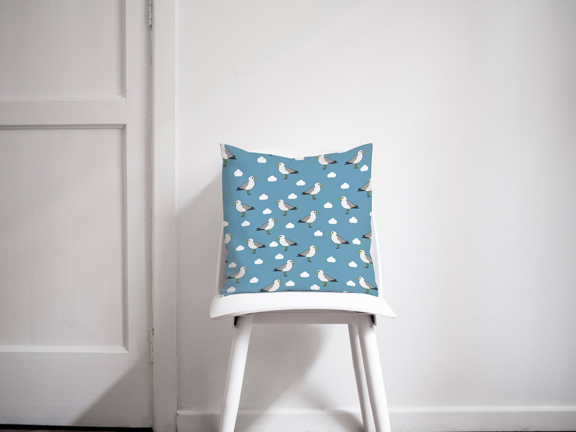 Blue Seagull Throw Pillow with Clouds Design