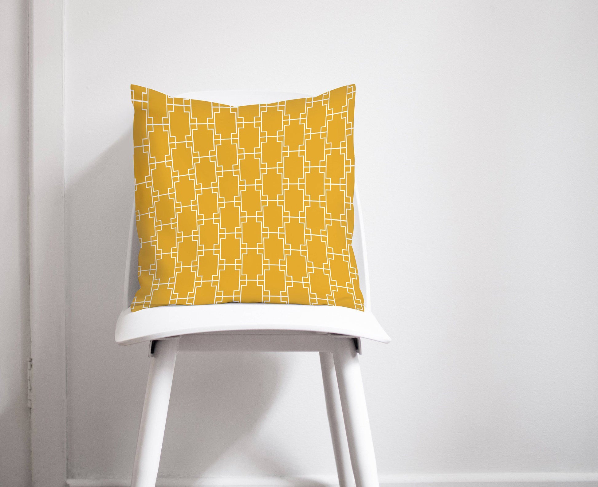 Yellow Throw Pillow with White Geometric Square Design