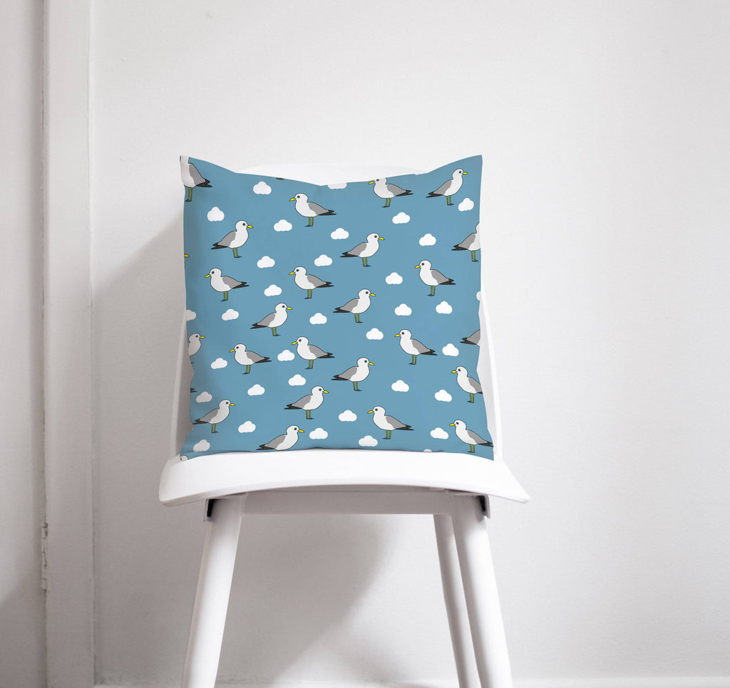 Blue Seagull Throw Pillow with Clouds Design