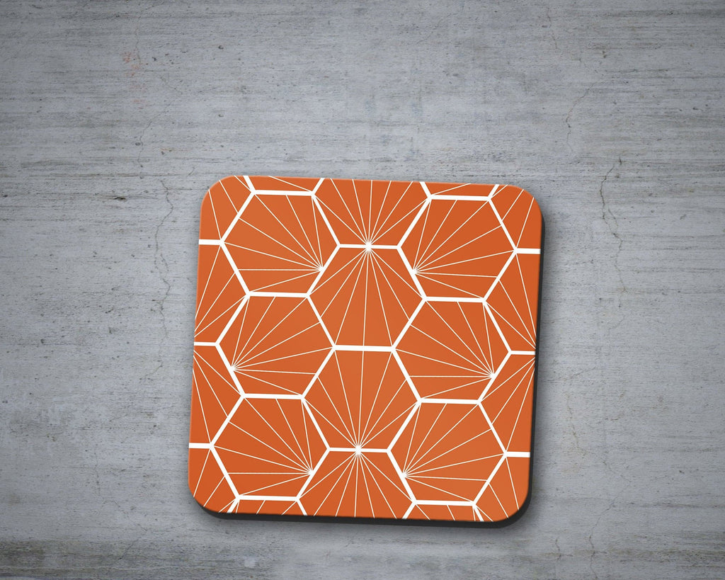 Burnt Orange Coasters with White Hexagon Design