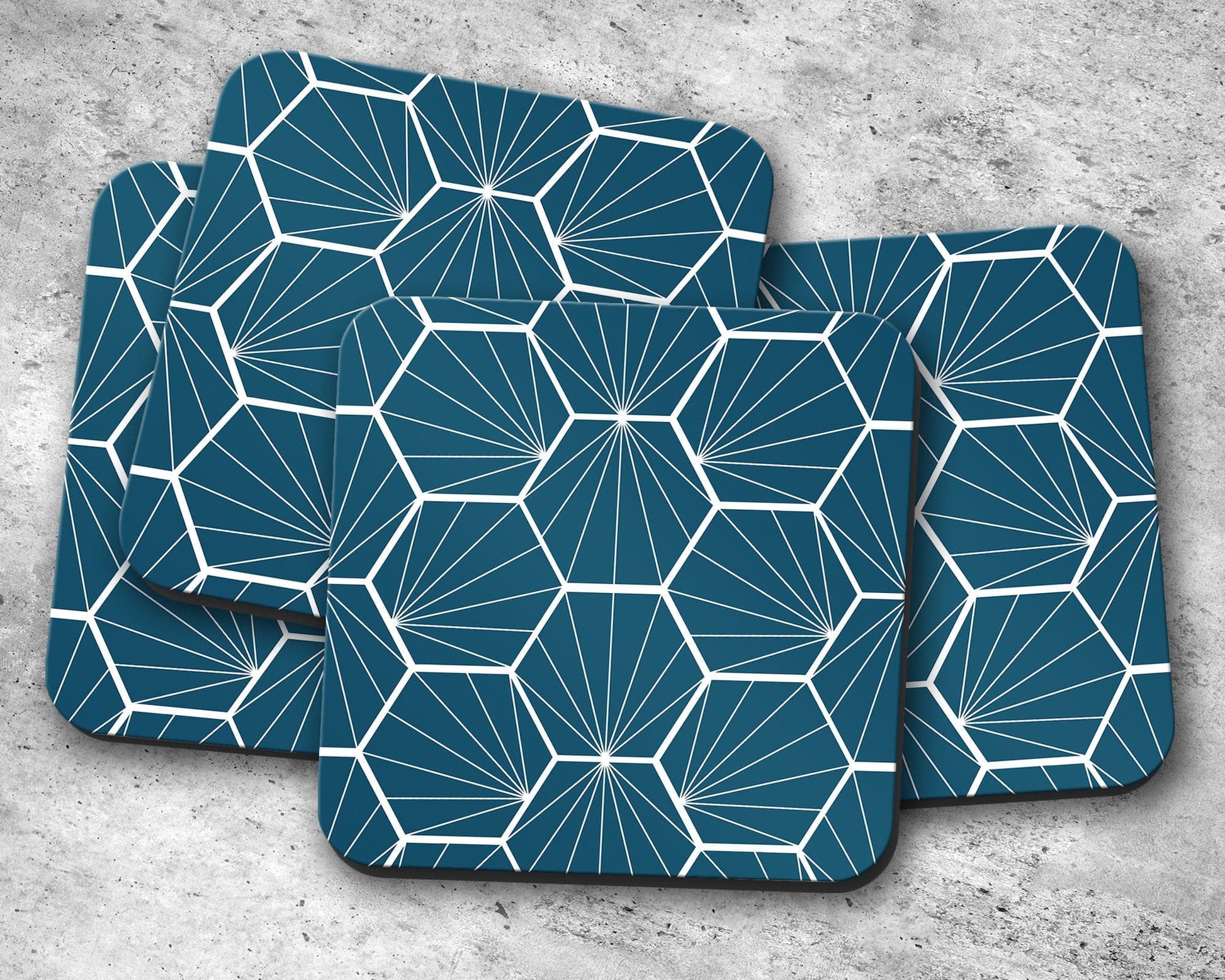 Peacock Blue Coasters with White Hexagon Design