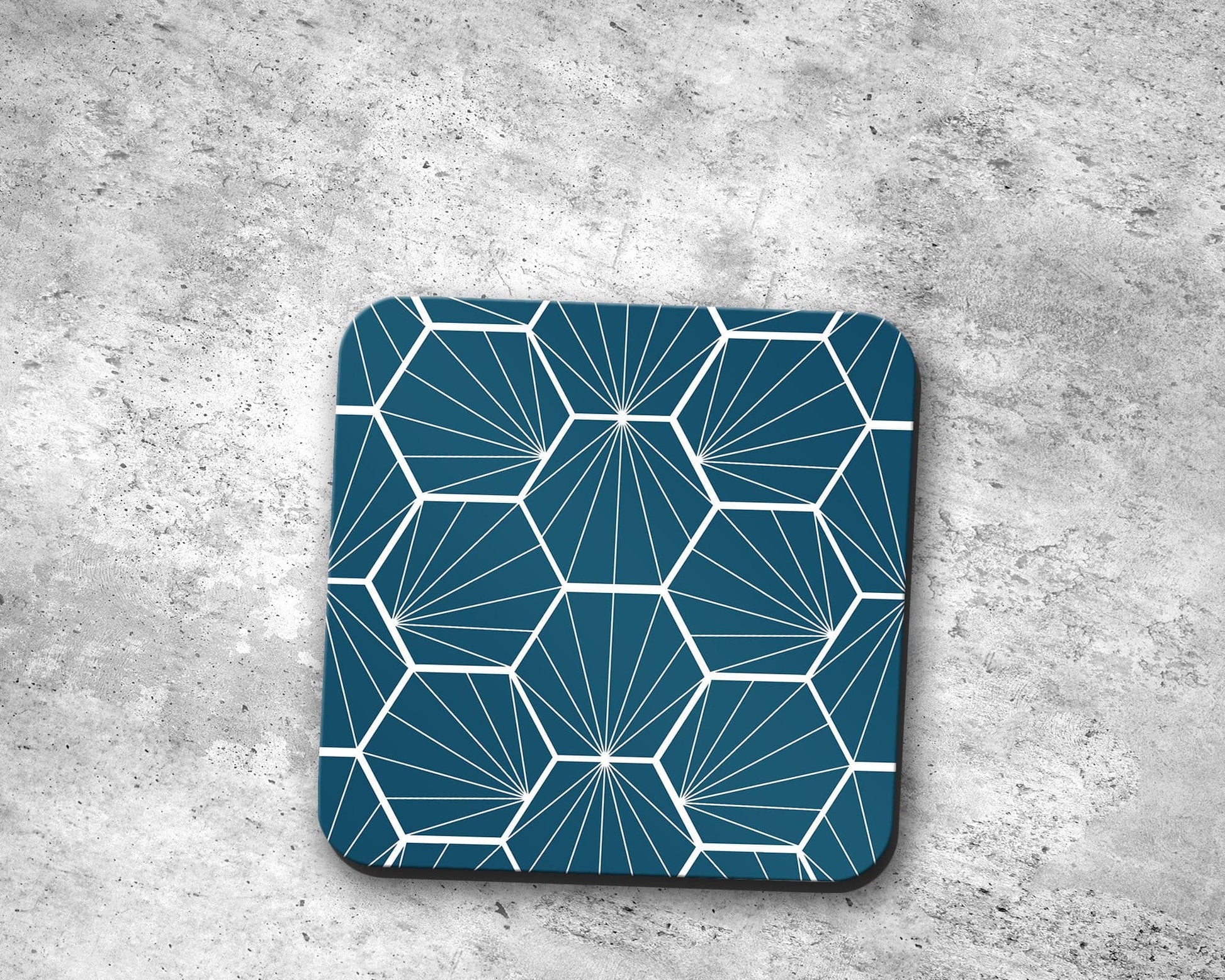 Peacock Blue Coasters with White Hexagon Design