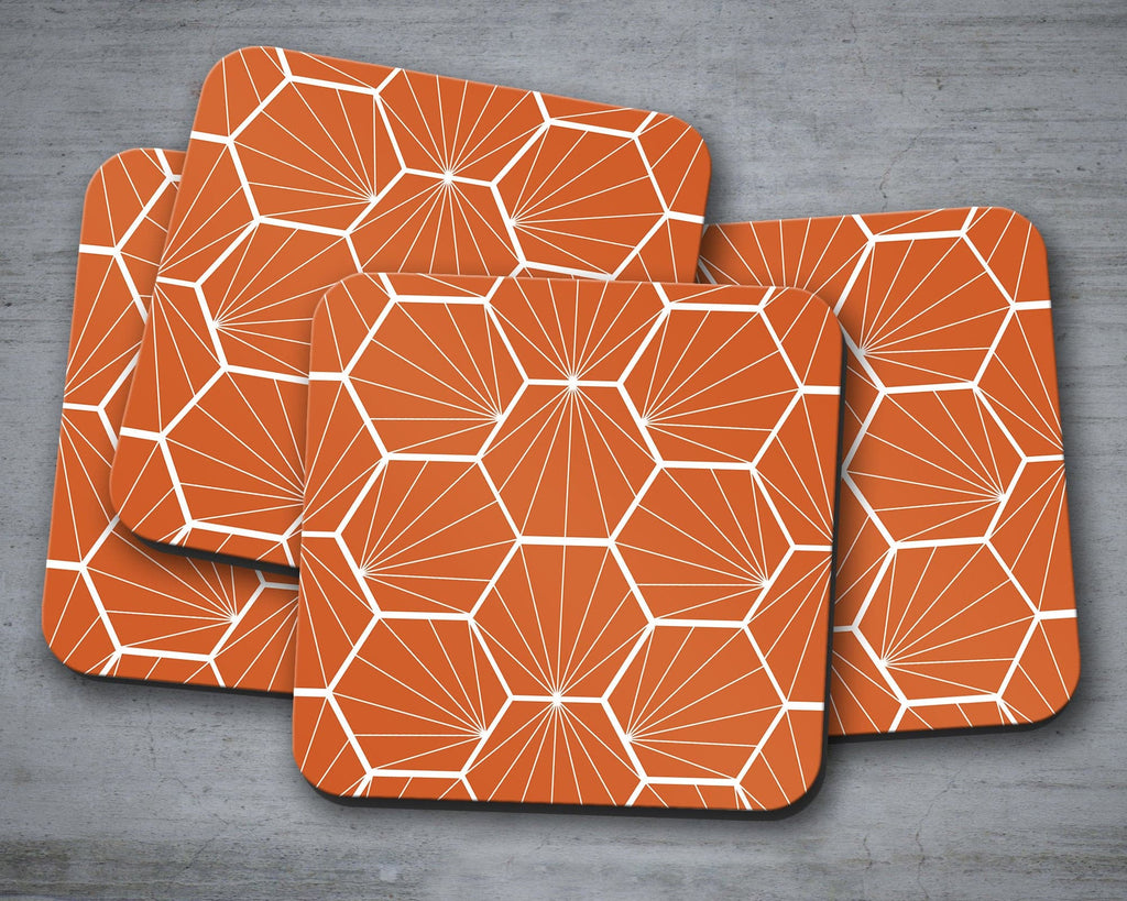 Burnt Orange Coasters with White Hexagon Design