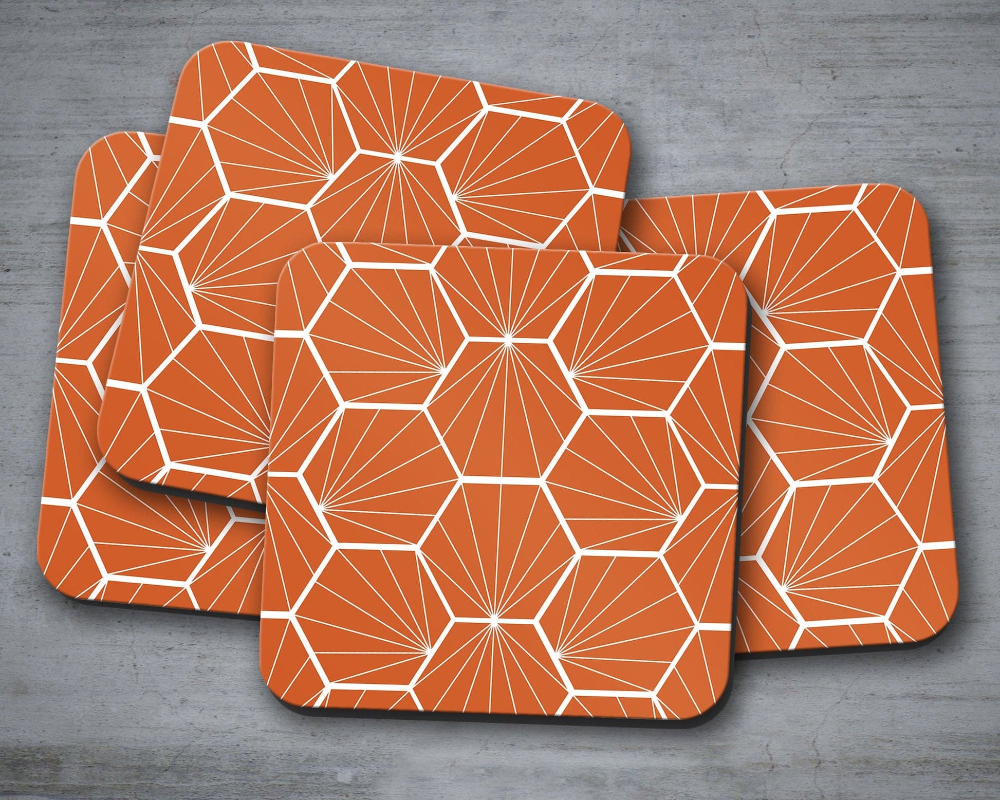 Burnt Orange Coasters with White Hexagon Design