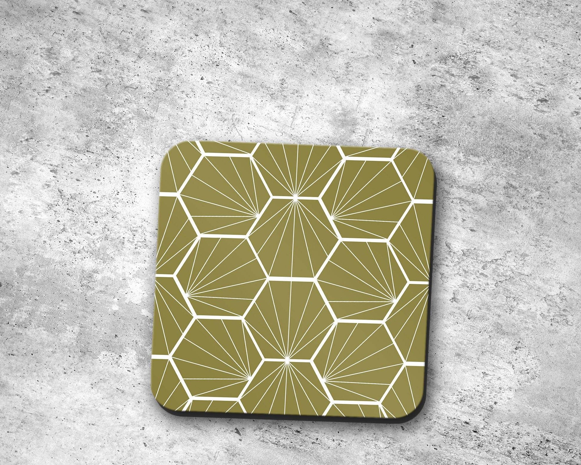 Olive Green Coasters with White Hexagon Design