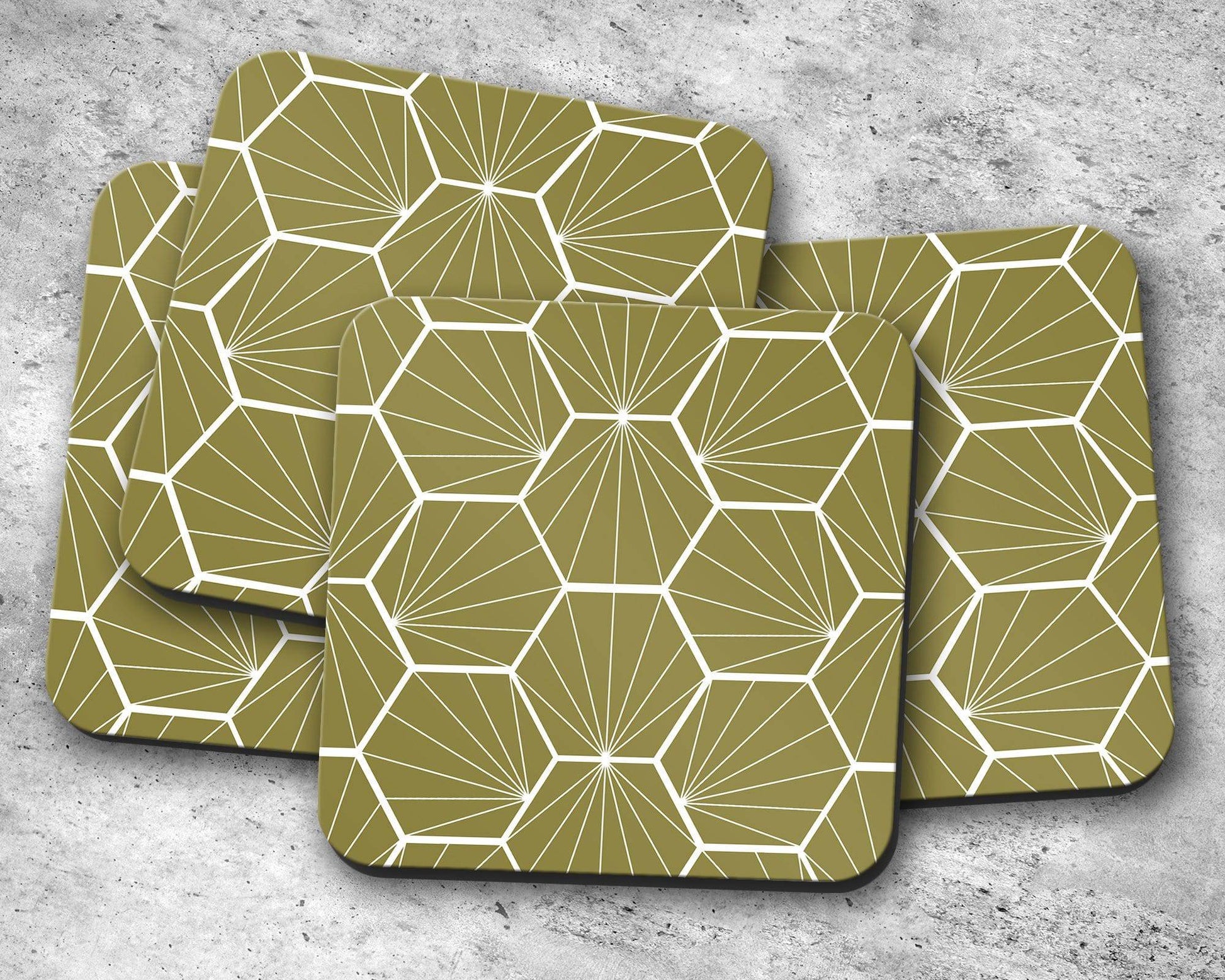 Olive Green Coasters with White Hexagon Design