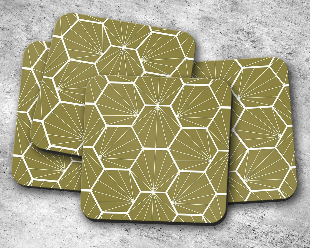 Olive Green Coasters with White Hexagon Design