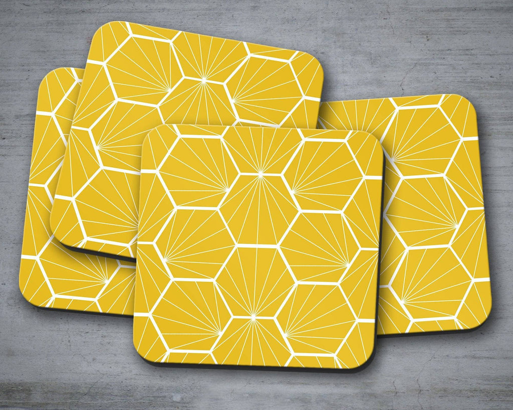 Yellow Coasters with White Hexagon Design