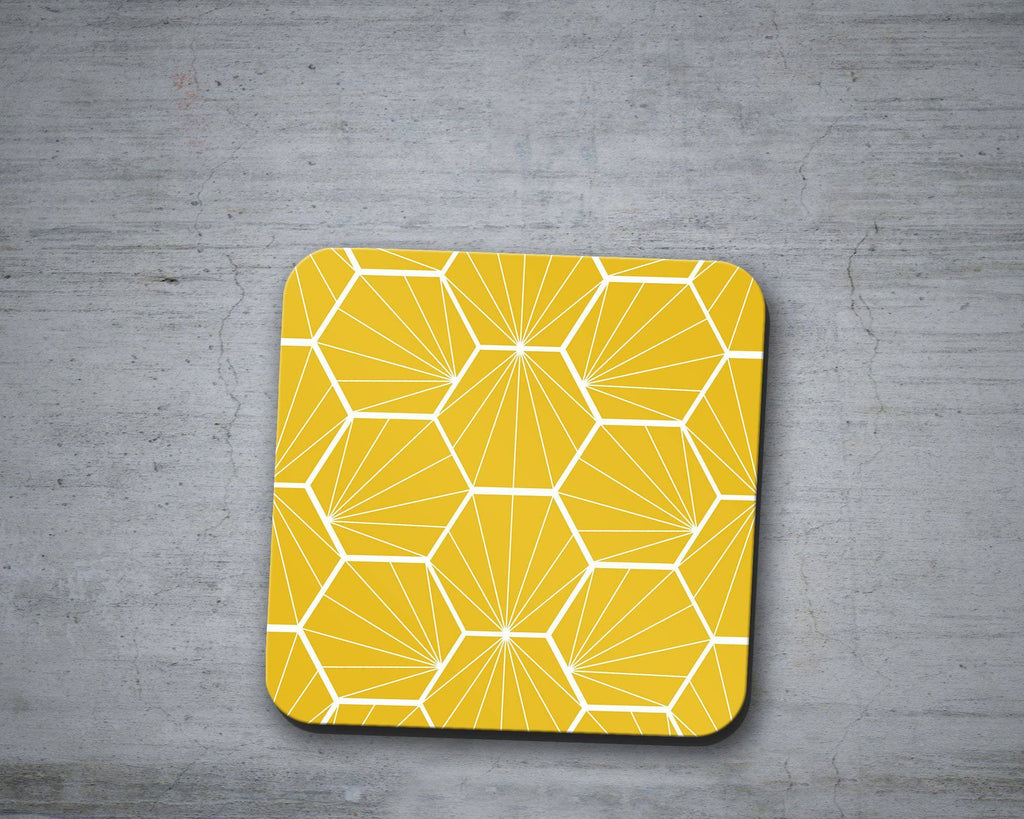 Yellow Coasters with White Hexagon Design