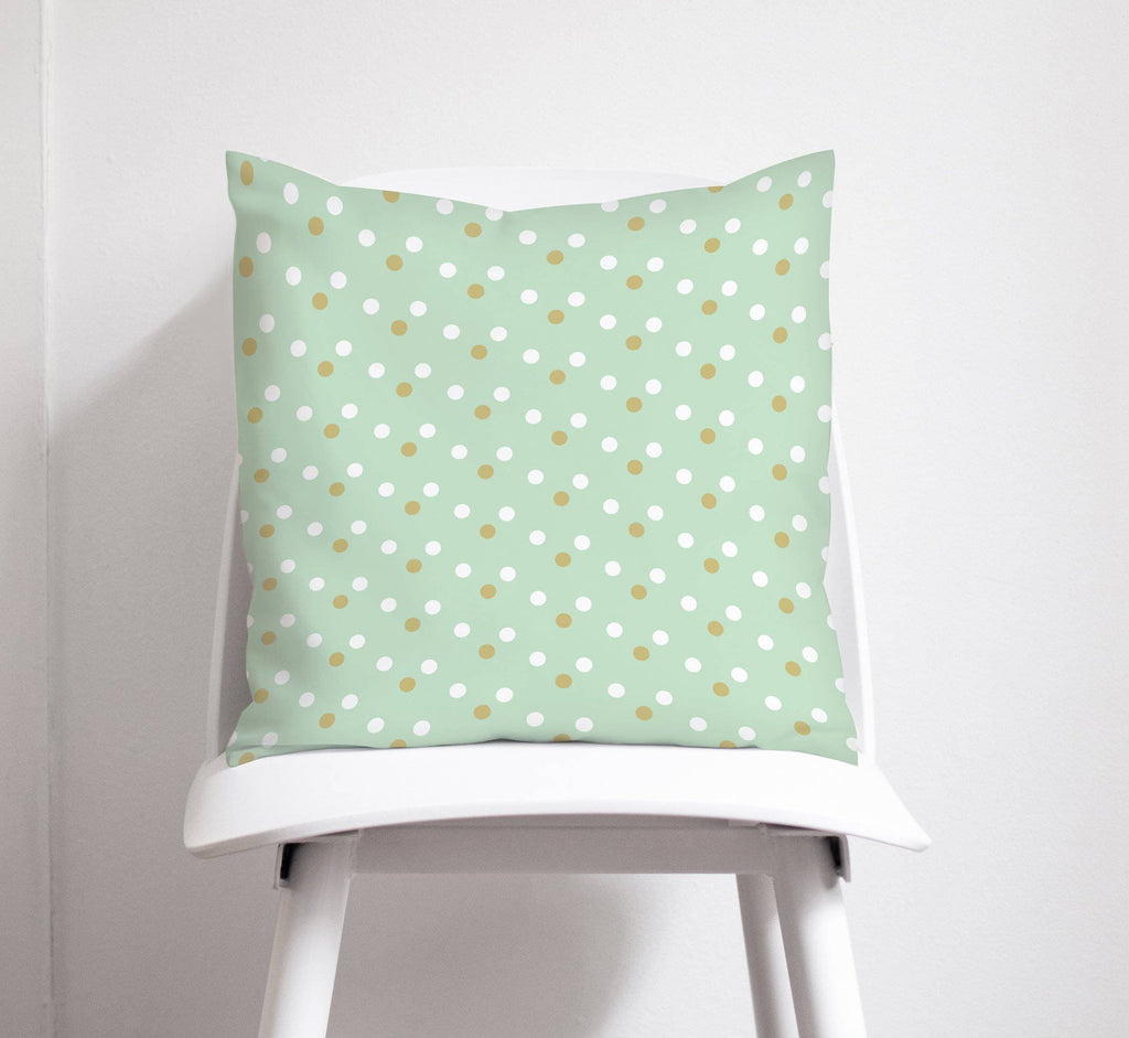 Mint Green Throw Pillow with Gold and White Spotted Design