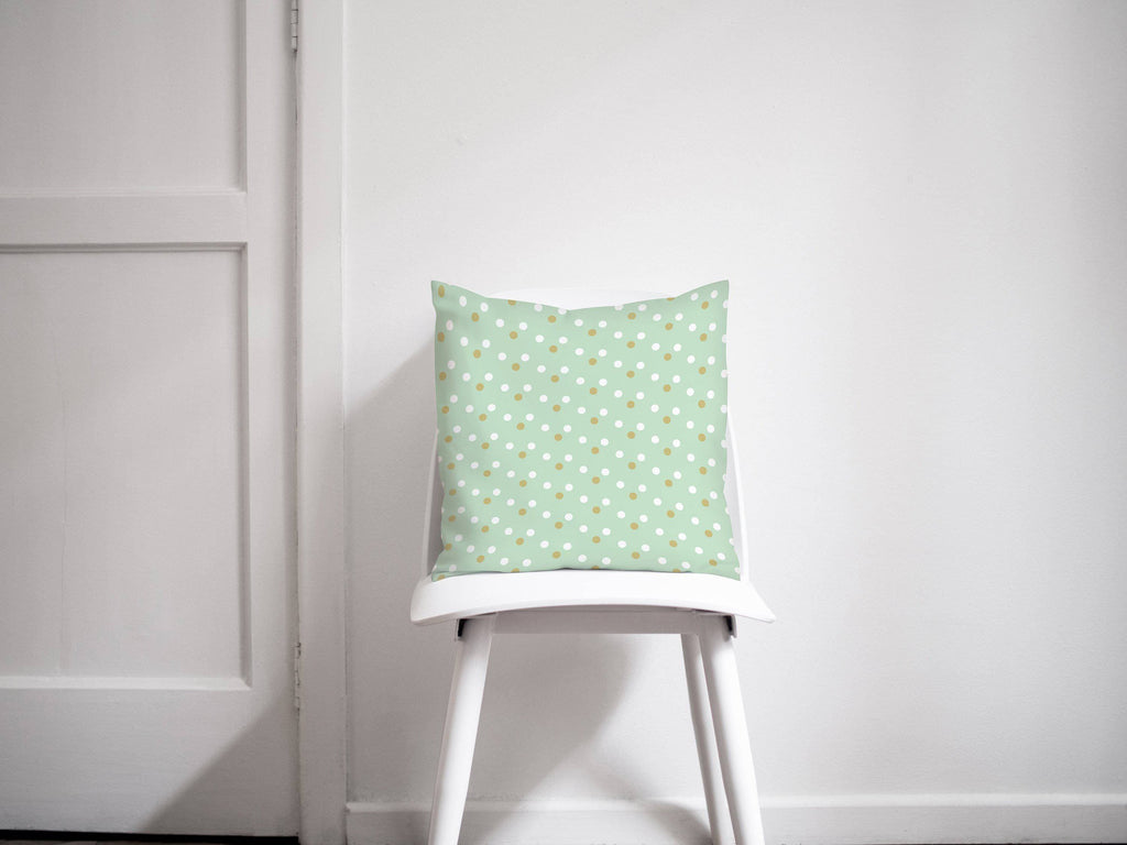 Mint Green Throw Pillow with Gold and White Spotted Design