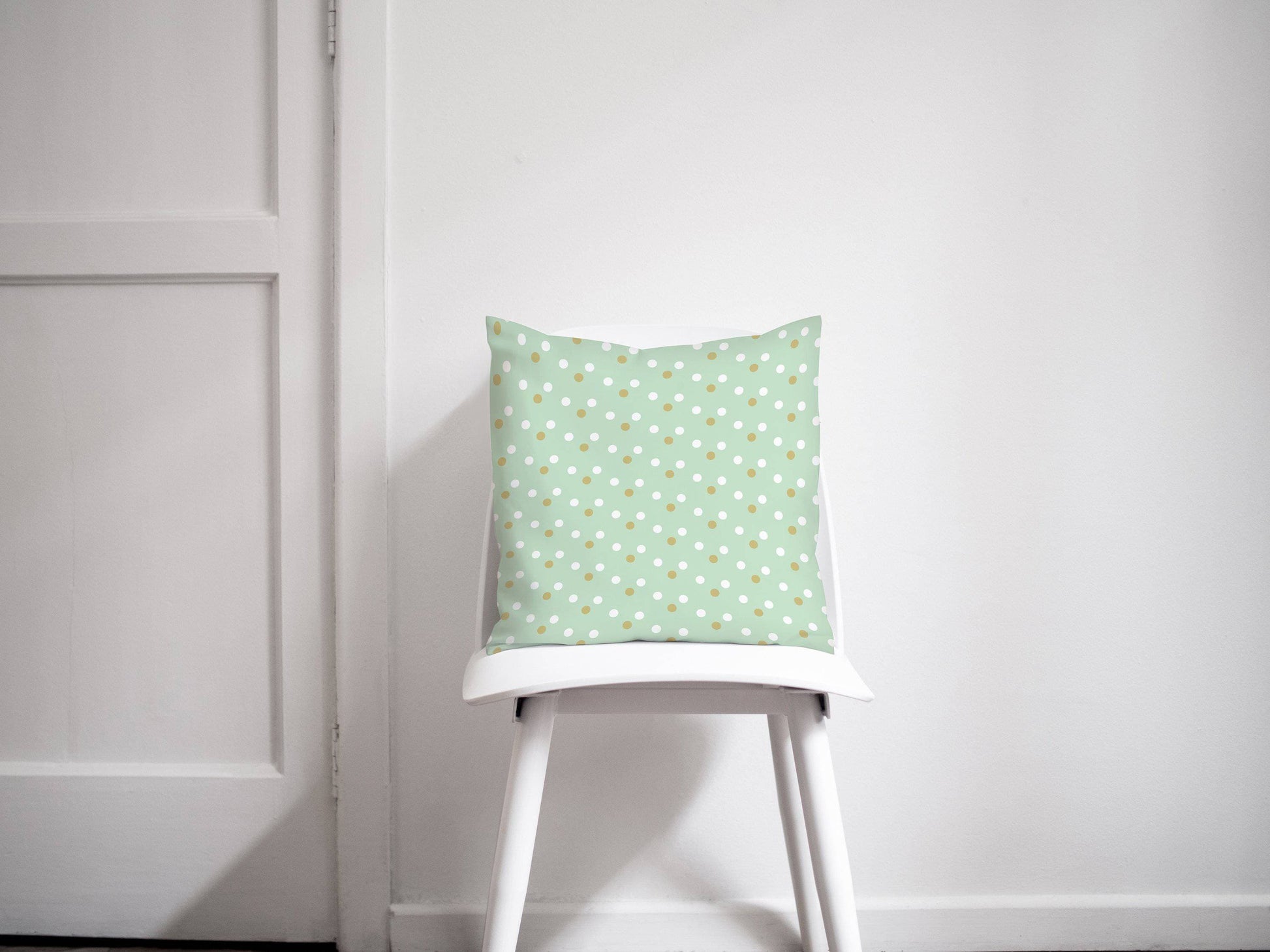 Mint Green Throw Pillow with Gold and White Spotted Design