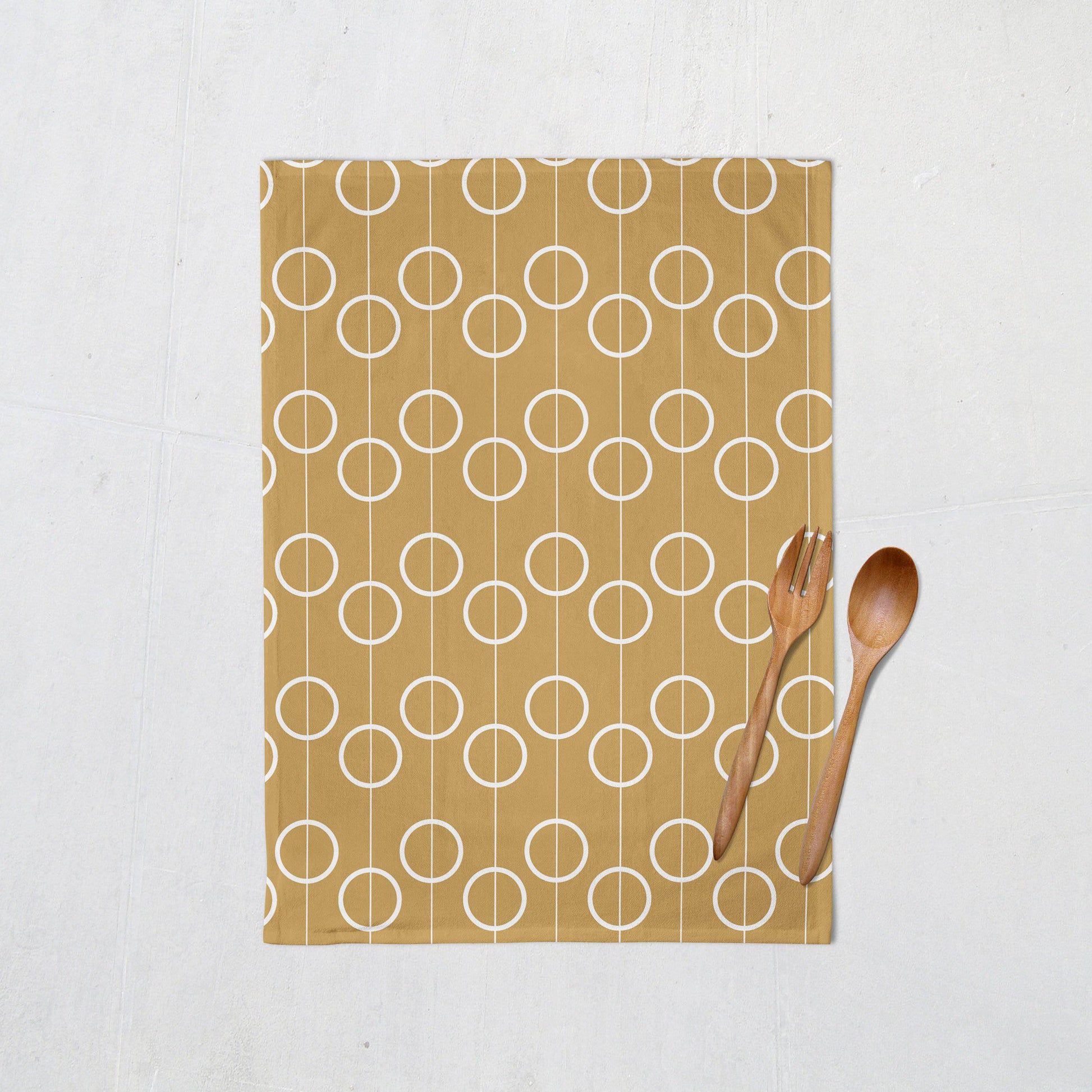 Gold and White Retro Circles Tea Towel