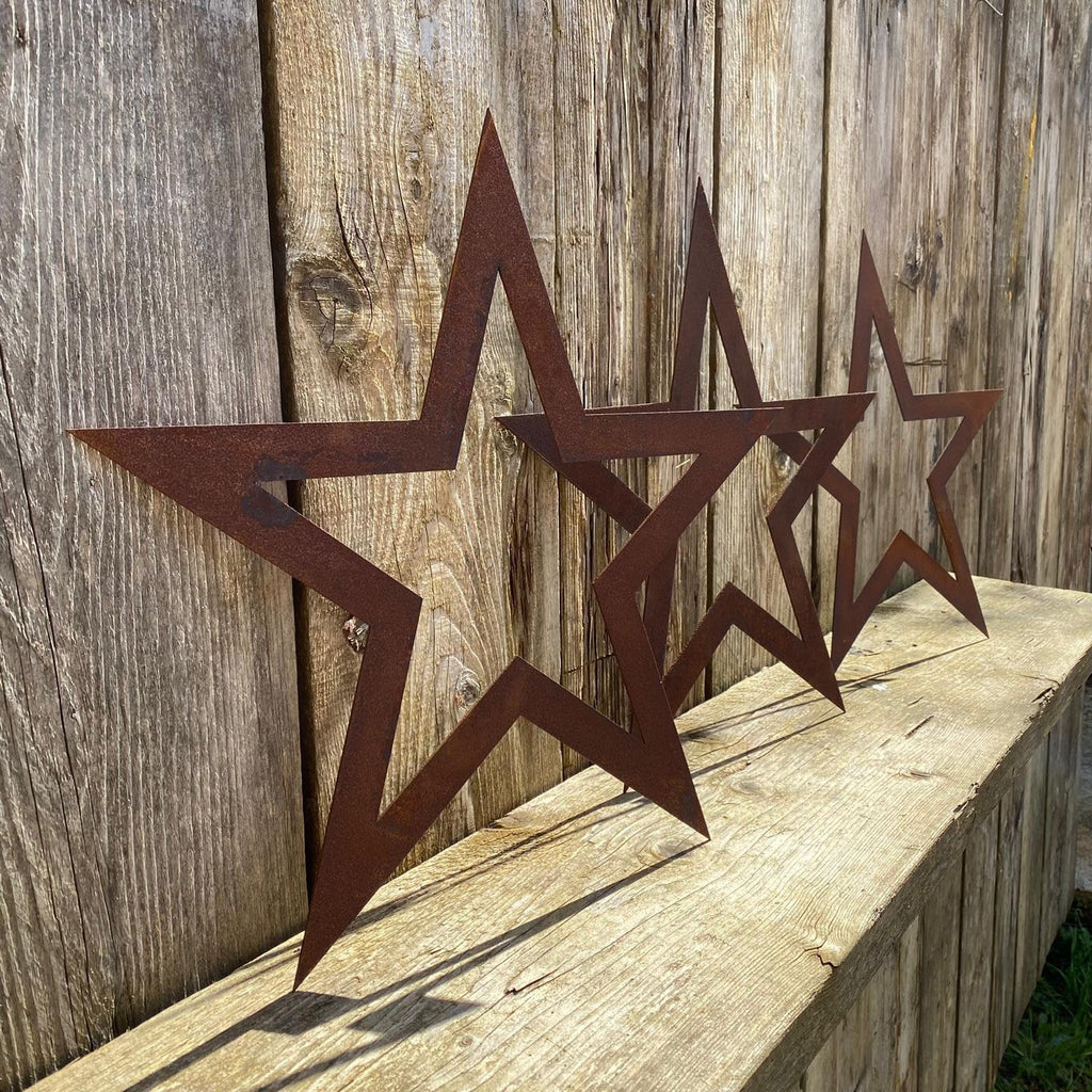 Set of 3 Rusty Metal Stars for Home and Garden