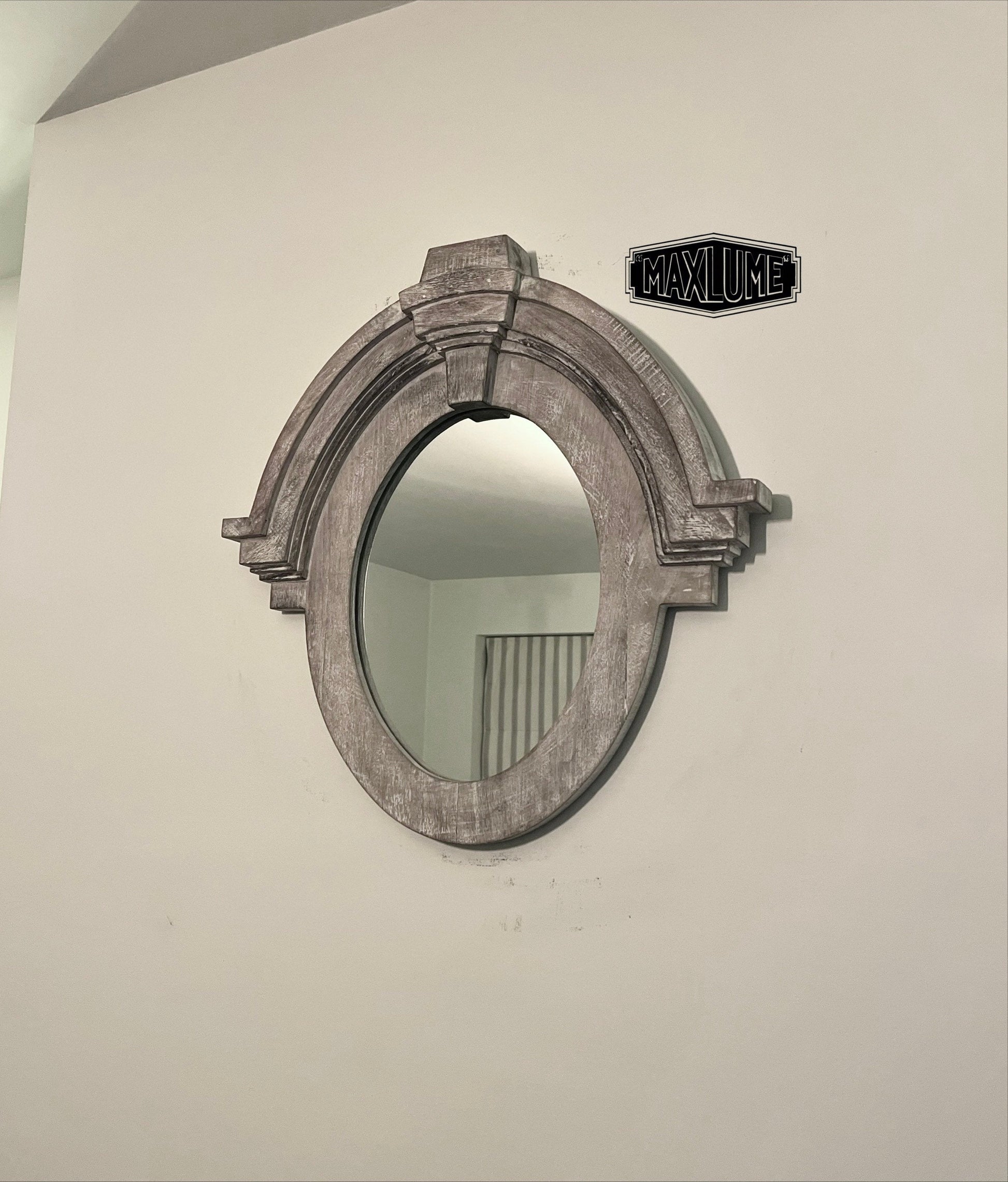 Mansard Arched Oval Mirror in White Washed Mango Wood