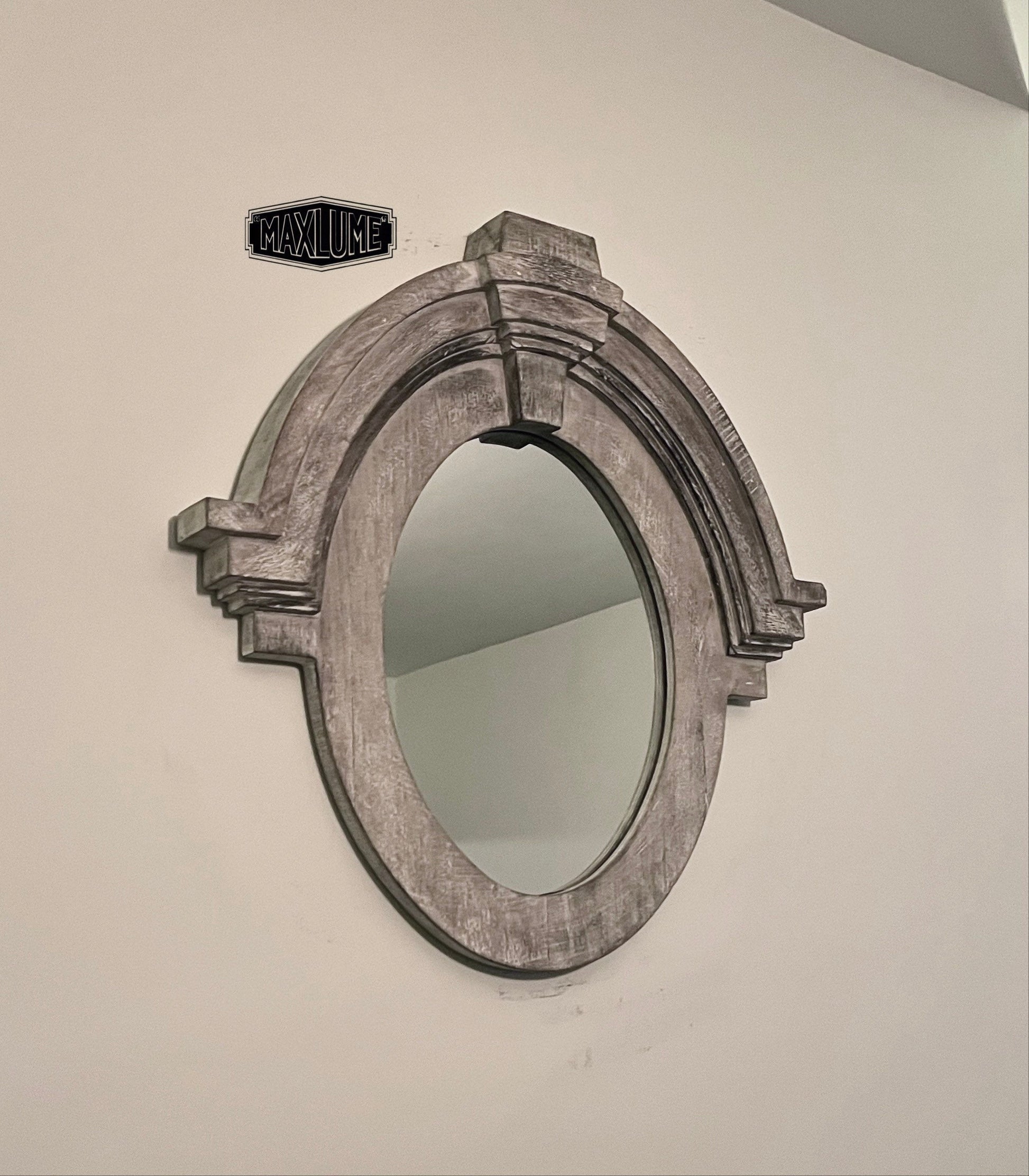 Mansard Arched Oval Mirror in White Washed Mango Wood
