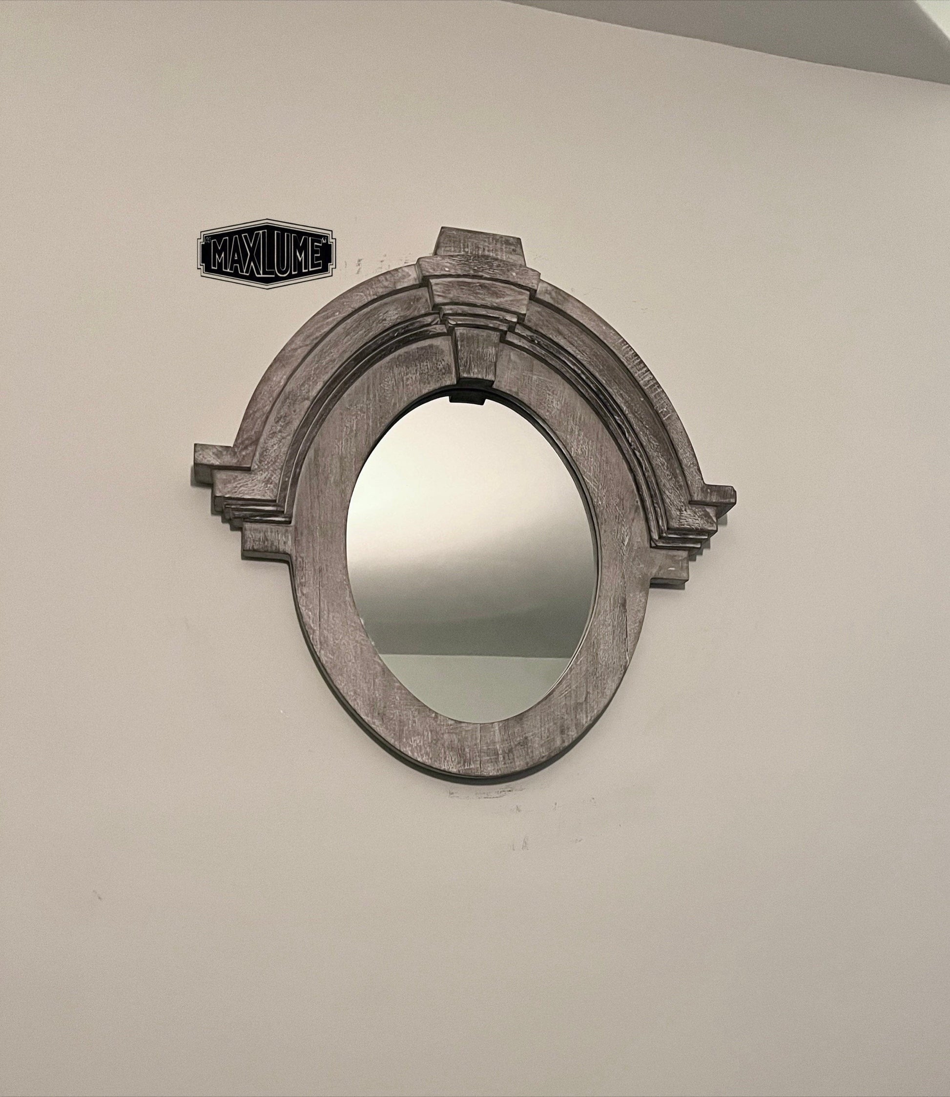 Mansard Arched Oval Mirror in White Washed Mango Wood