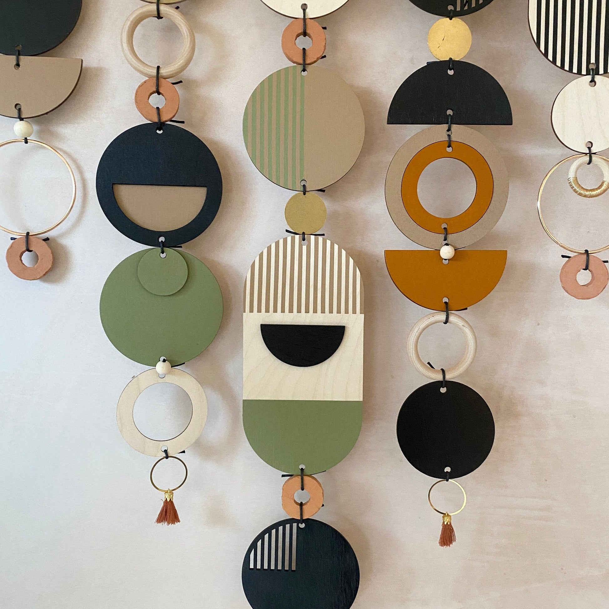 Modern Art Wooden Wall Hanging in Burnt Orange and Olive Green