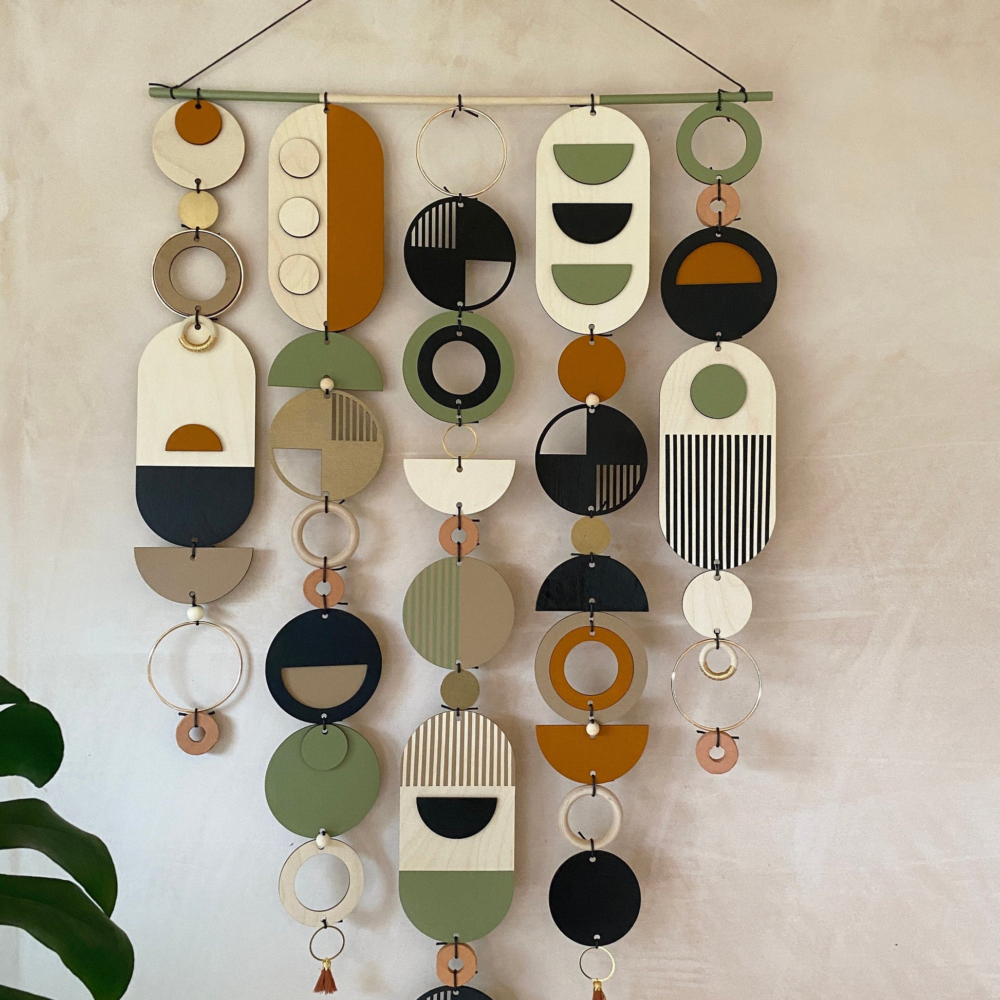 Modern Art Wooden Wall Hanging in Burnt Orange and Olive Green