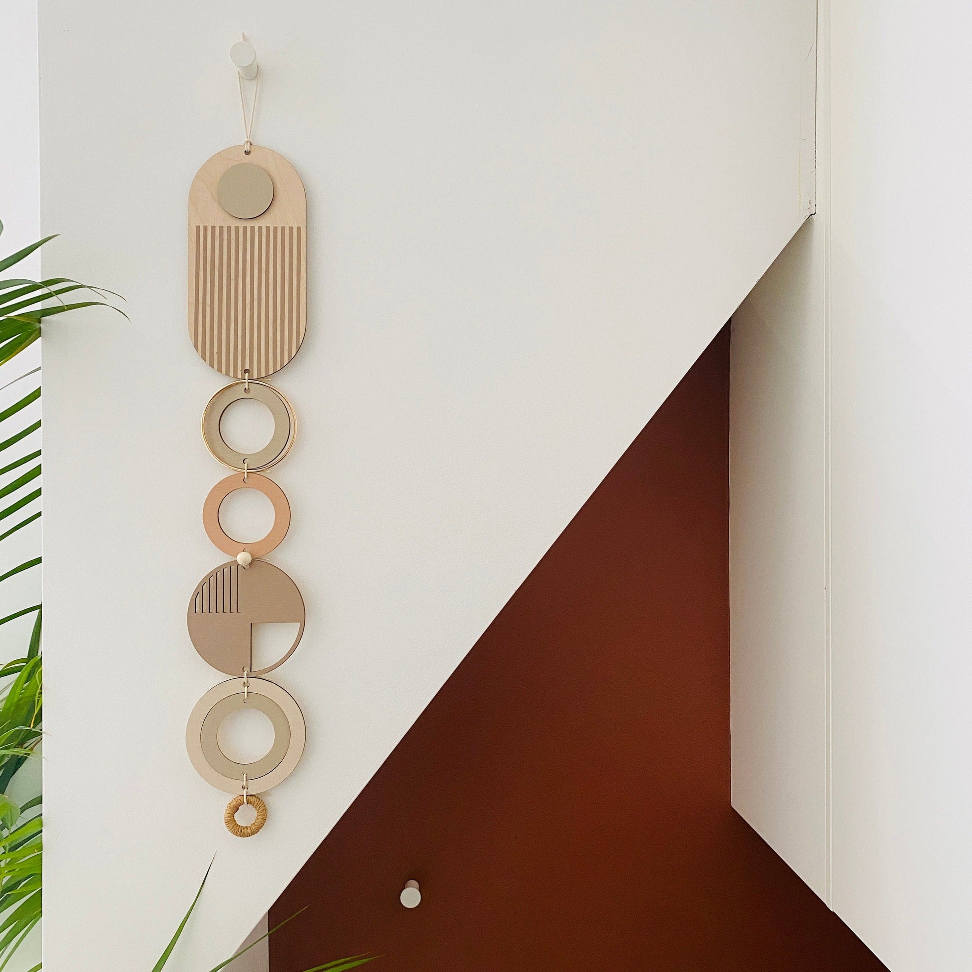 Geometric Soft Pink Modern Wall Art with Natural Wood and Gold Accents