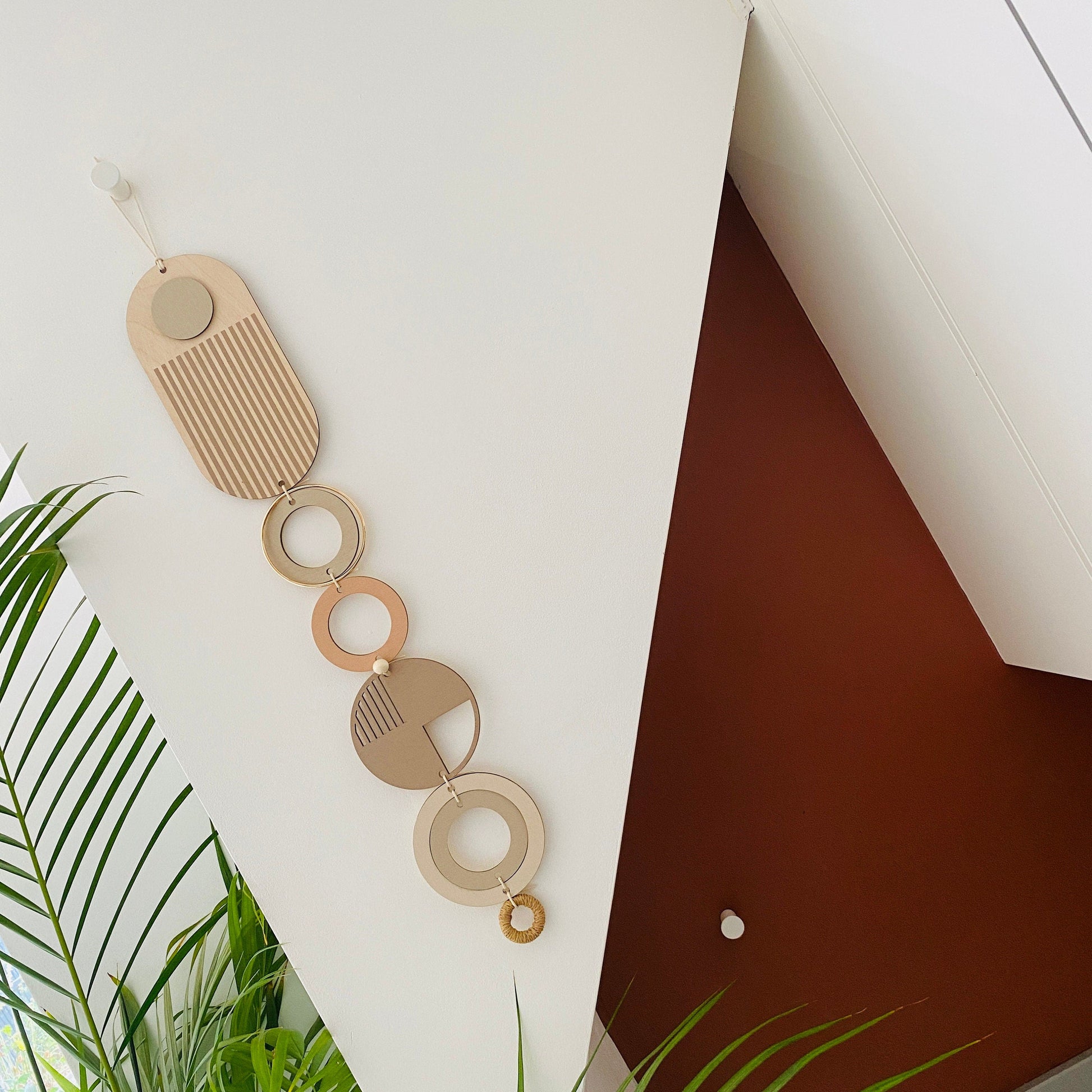 Geometric Soft Pink Modern Wall Art with Natural Wood and Gold Accents