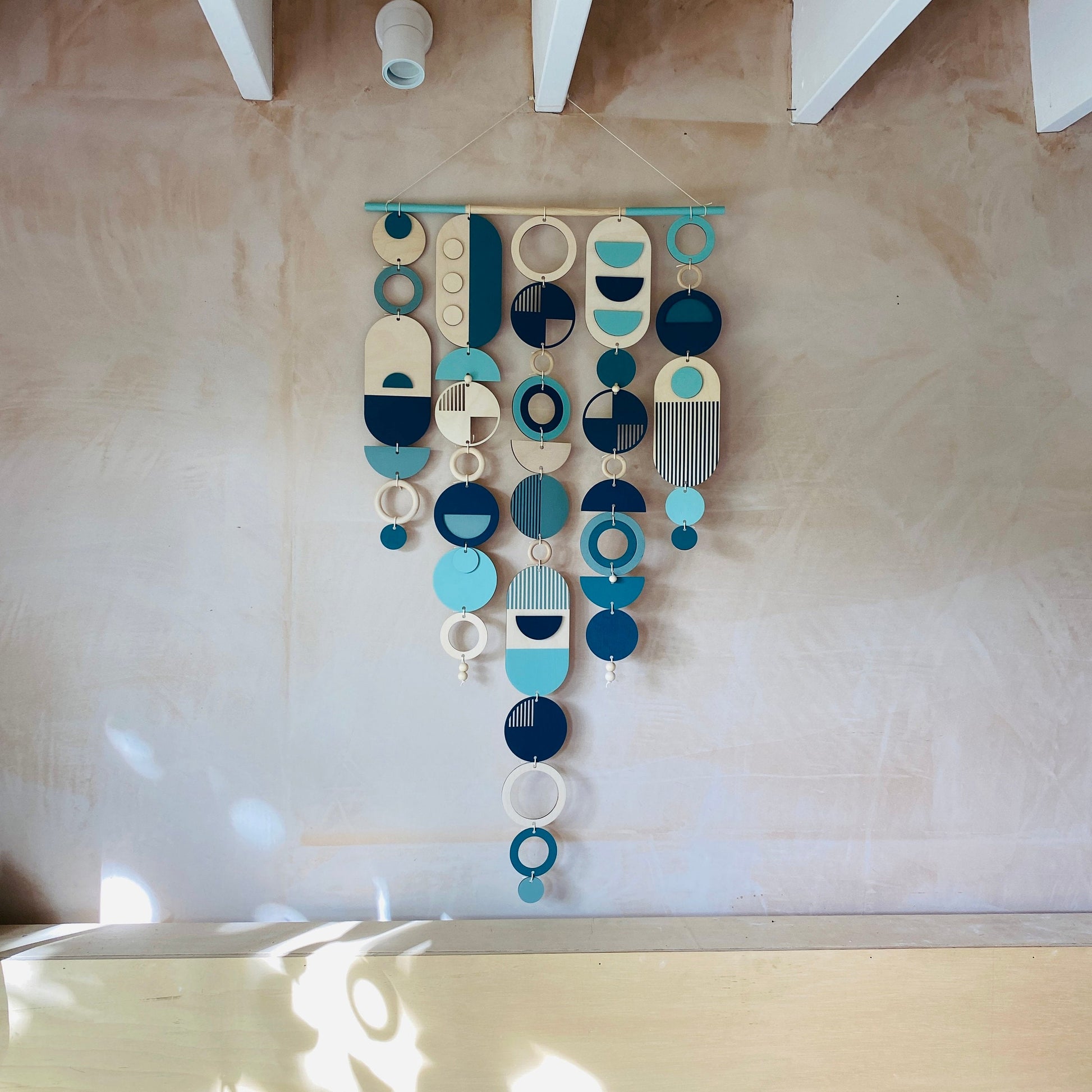 Large Blue Geometric Wall Art Handmade Wooden Tapestry