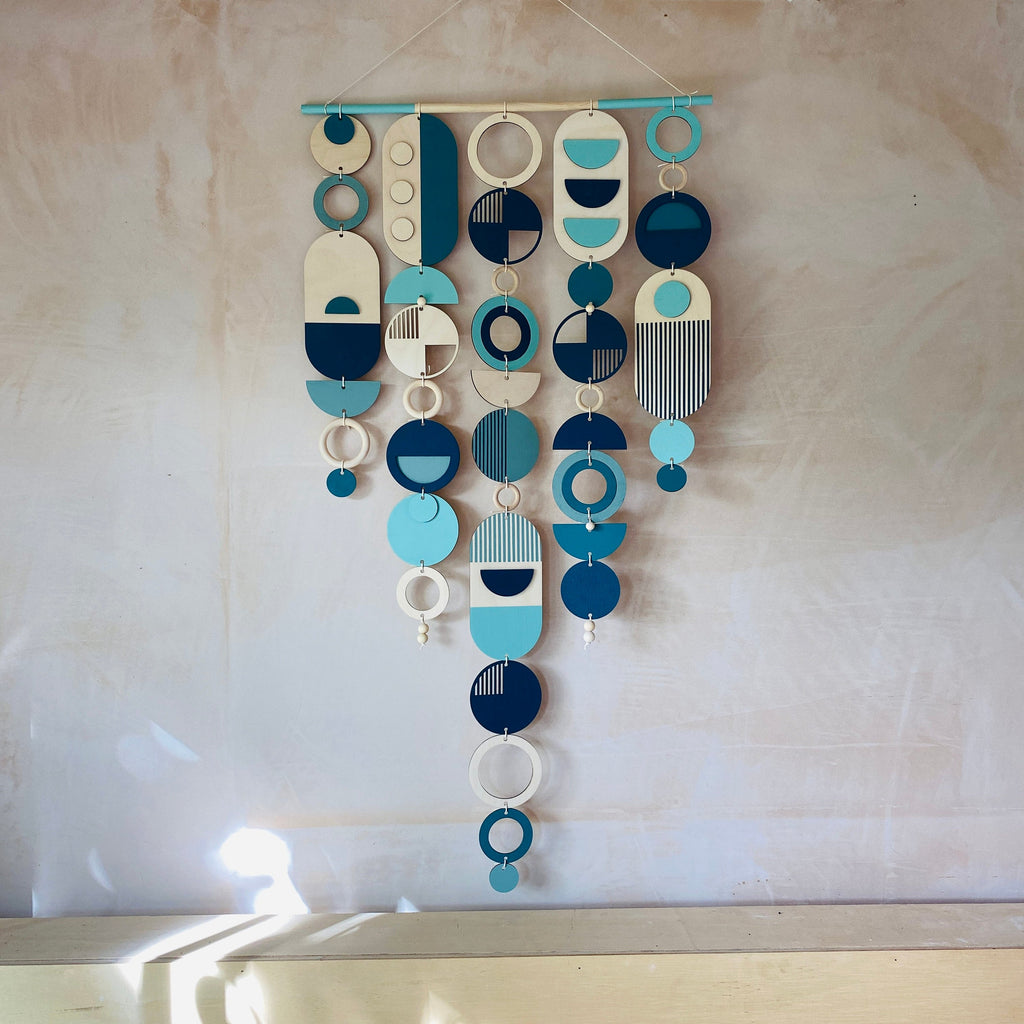 Large Blue Geometric Wall Art Handmade Wooden Tapestry