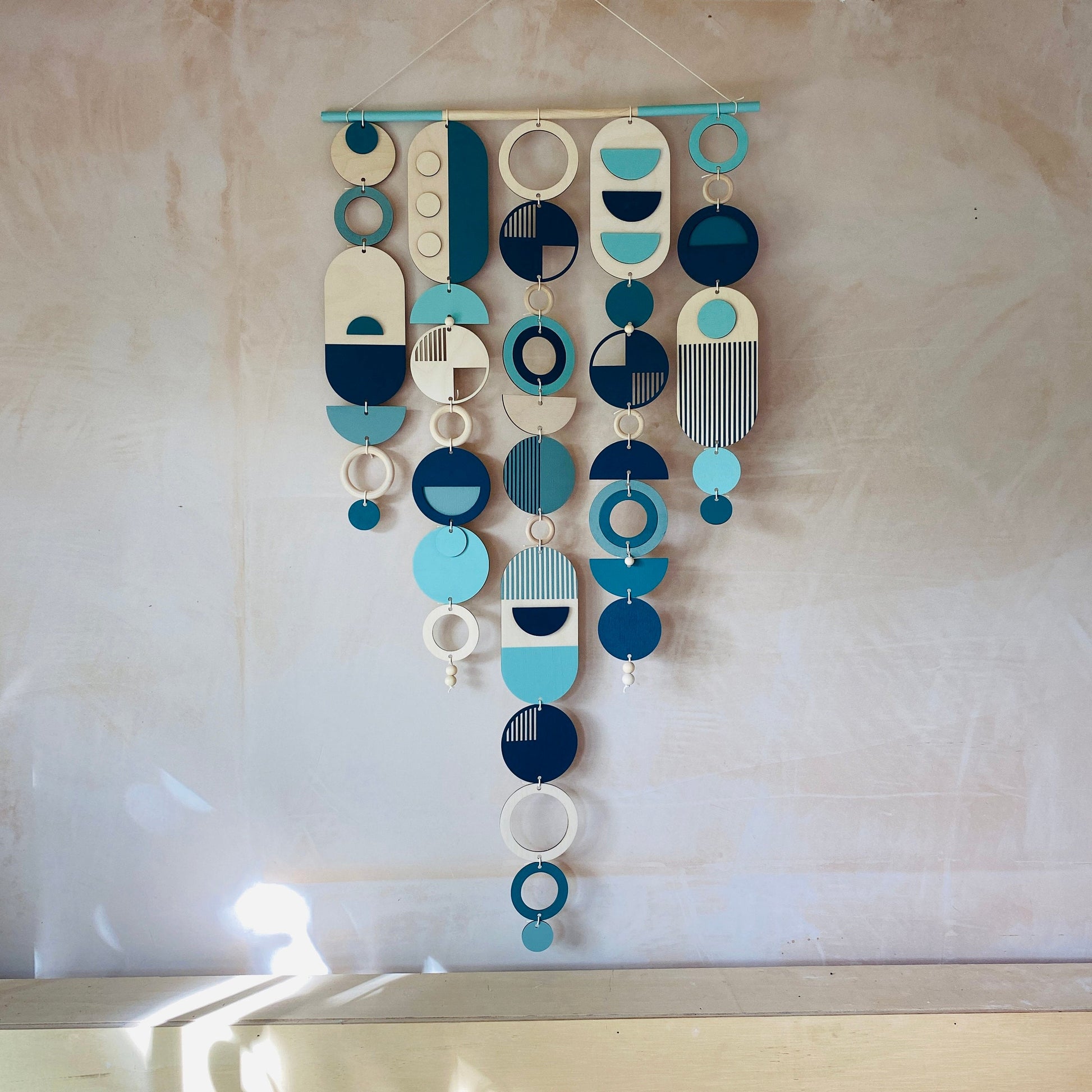 Large Blue Geometric Wall Art Handmade Wooden Tapestry