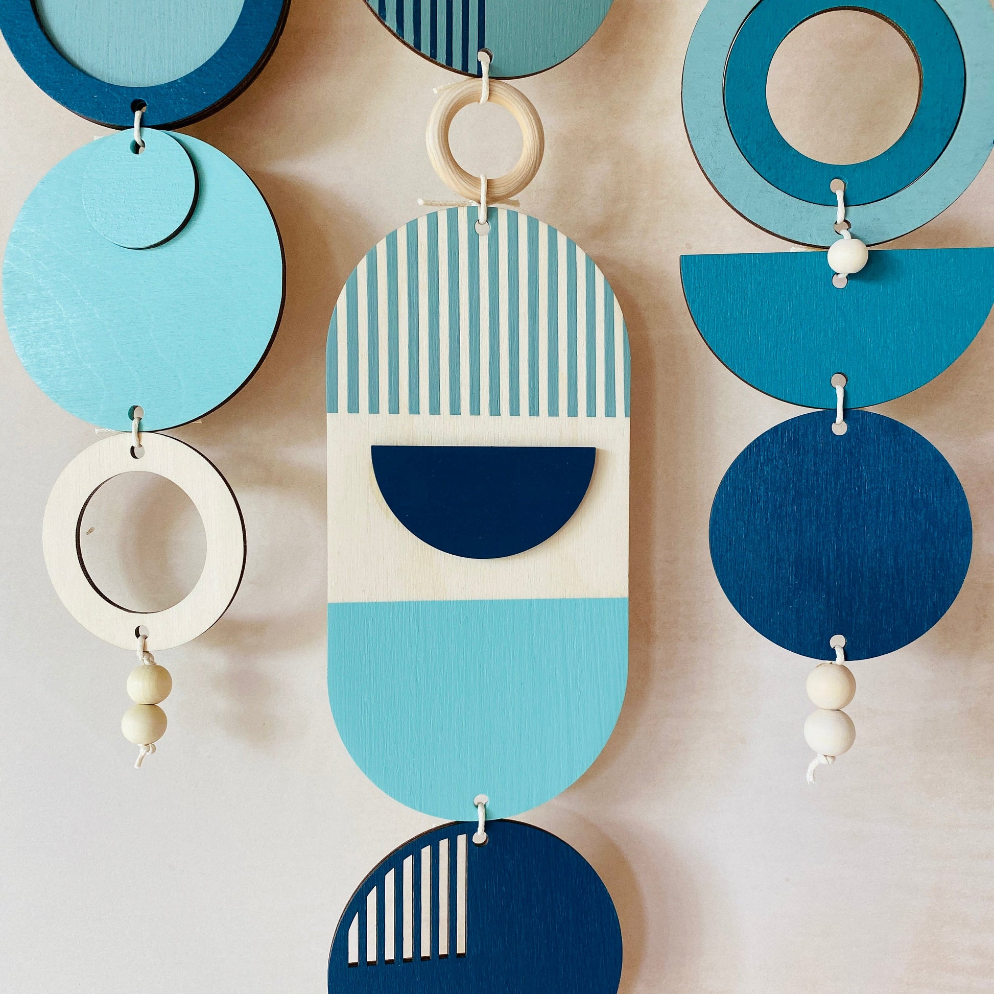 Large Blue Geometric Wall Art Handmade Wooden Tapestry