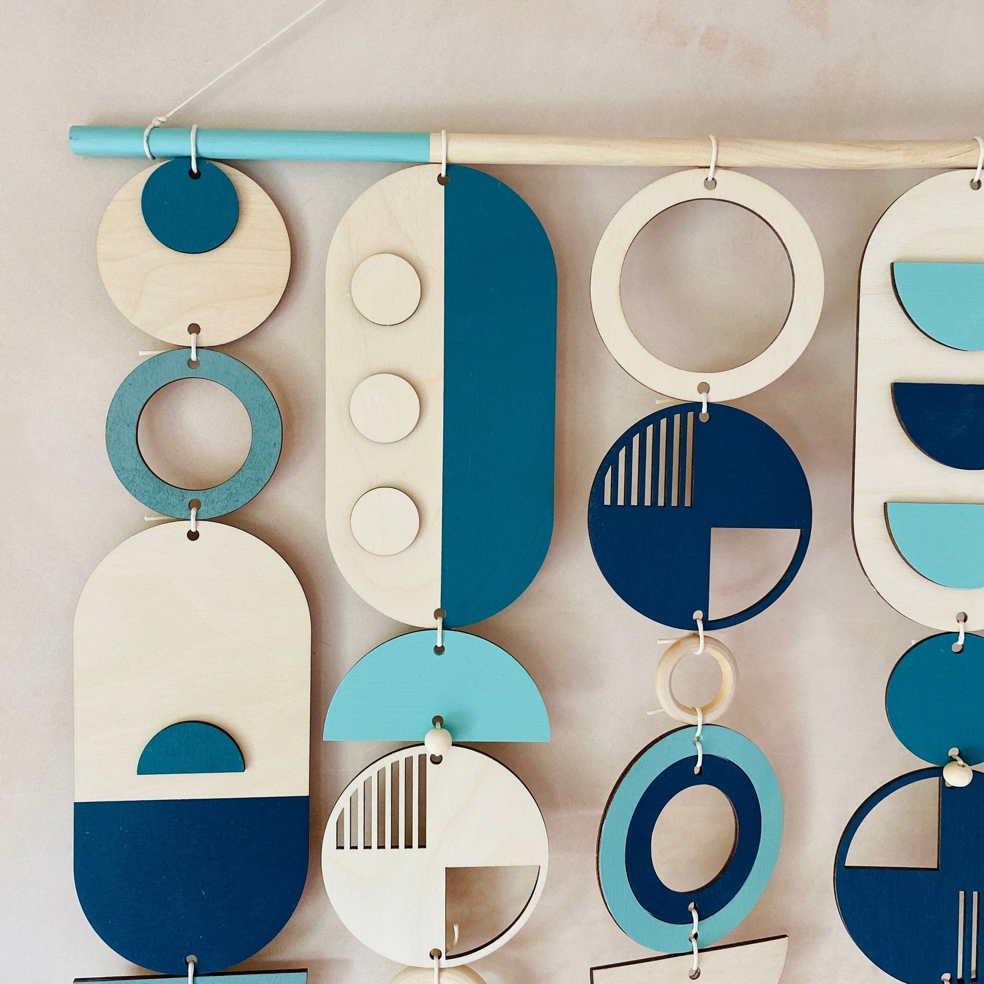 Large Blue Geometric Wall Art Handmade Wooden Tapestry