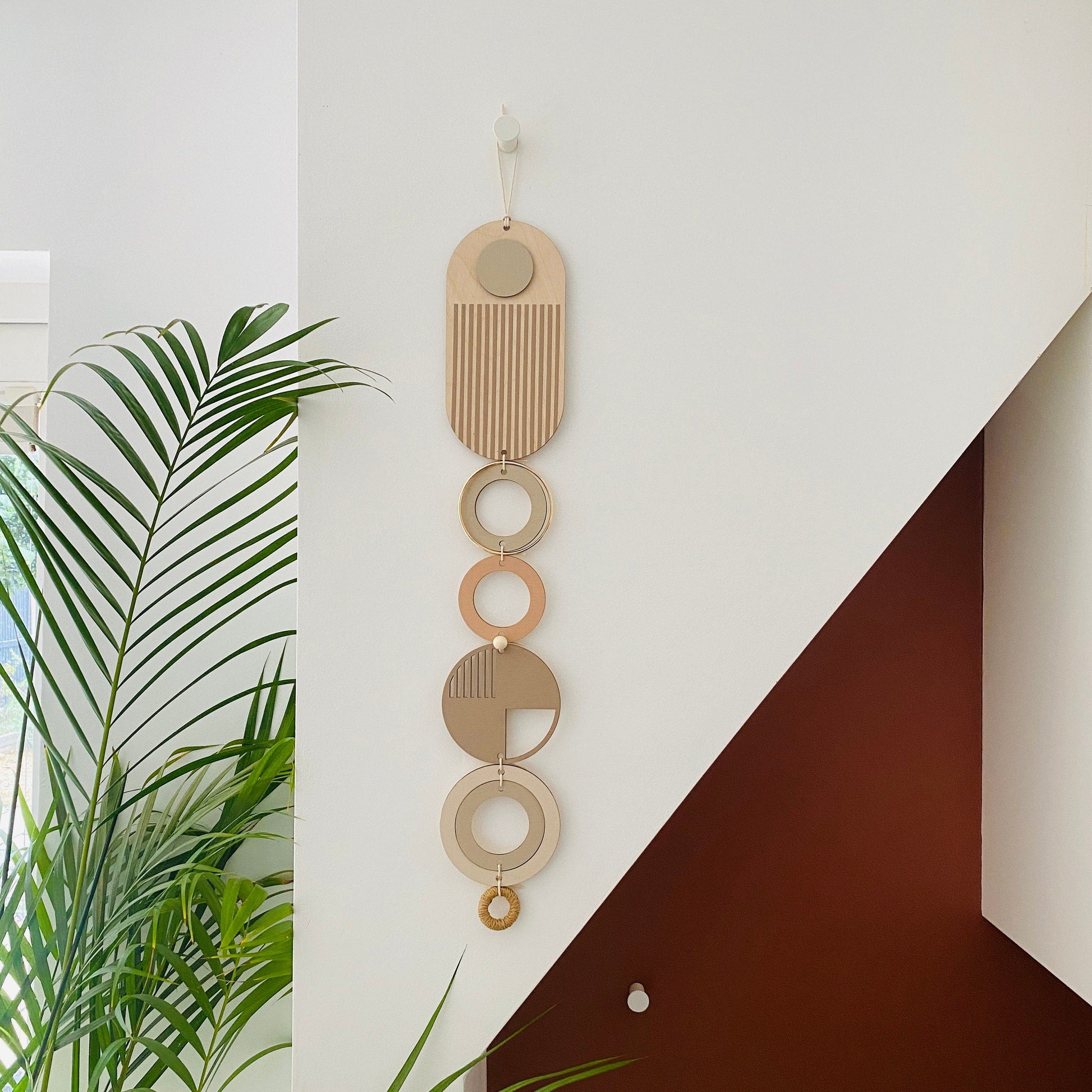 Geometric Soft Pink Modern Wall Art with Natural Wood and Gold Accents