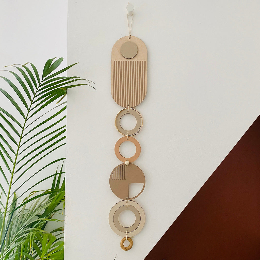 Geometric Soft Pink Modern Wall Art with Natural Wood and Gold Accents