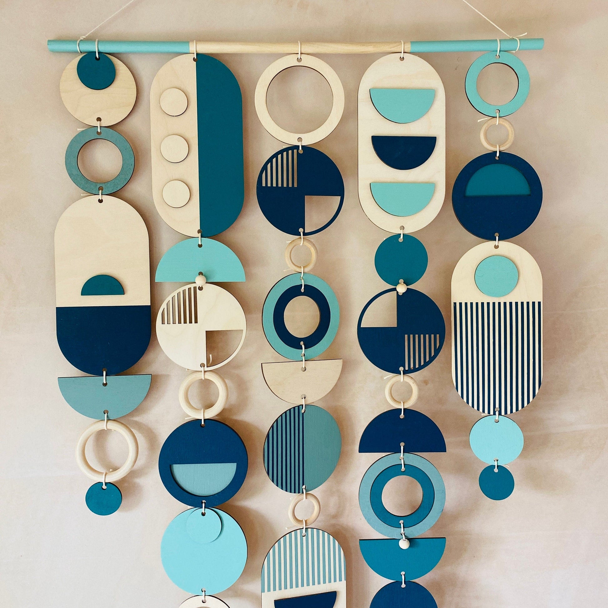 Large Blue Geometric Wall Art Handmade Wooden Tapestry