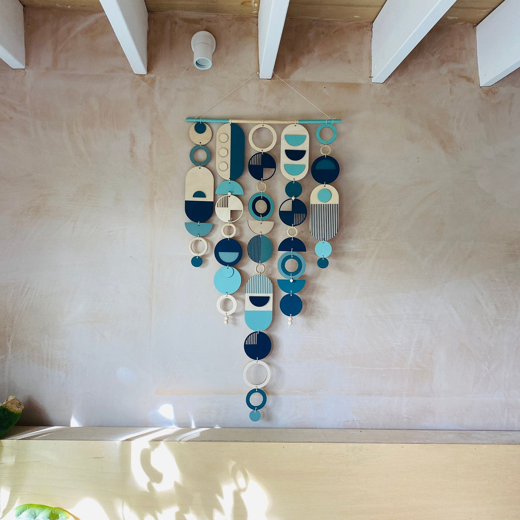 Large Blue Geometric Wall Art Handmade Wooden Tapestry