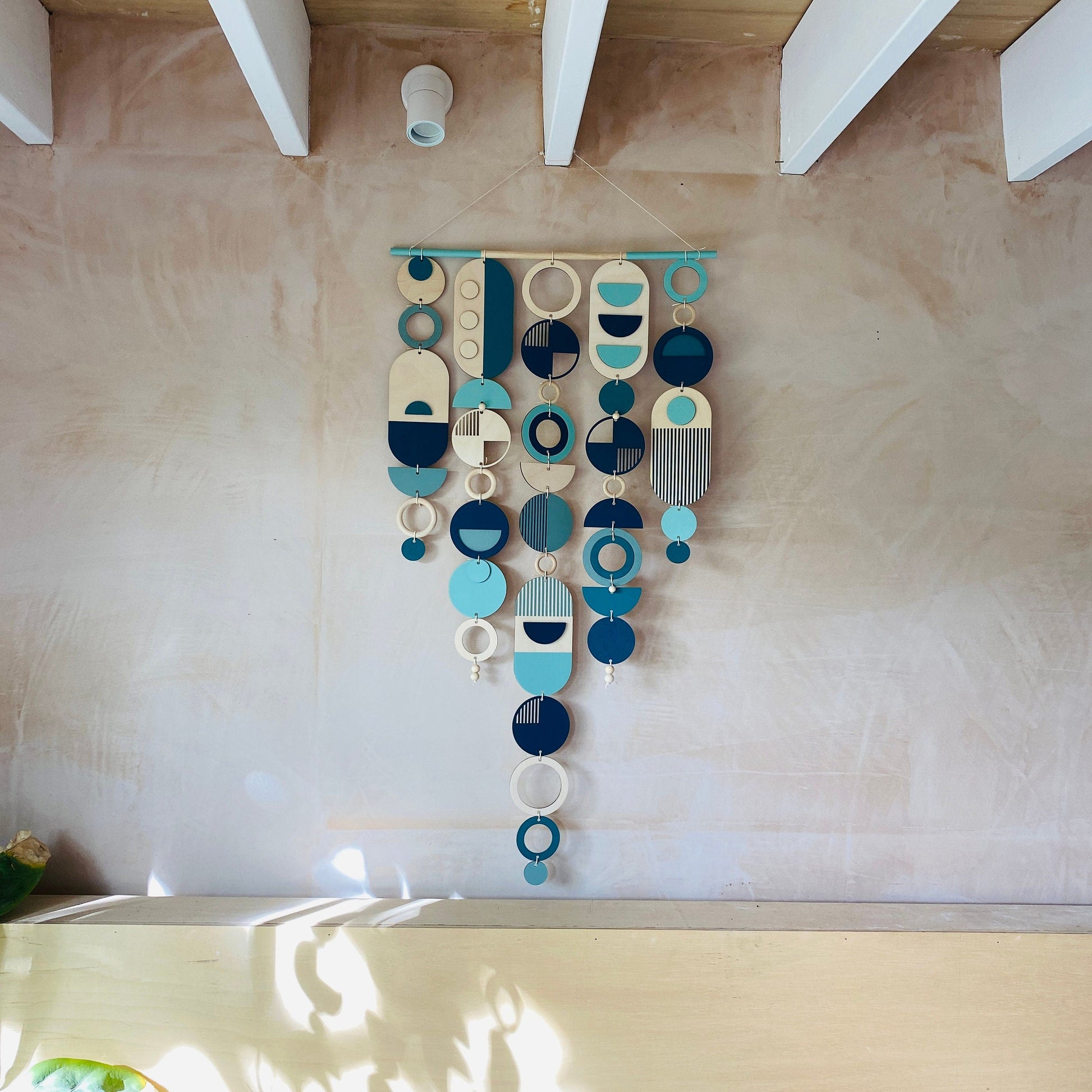 Large Blue Geometric Wall Art Handmade Wooden Tapestry