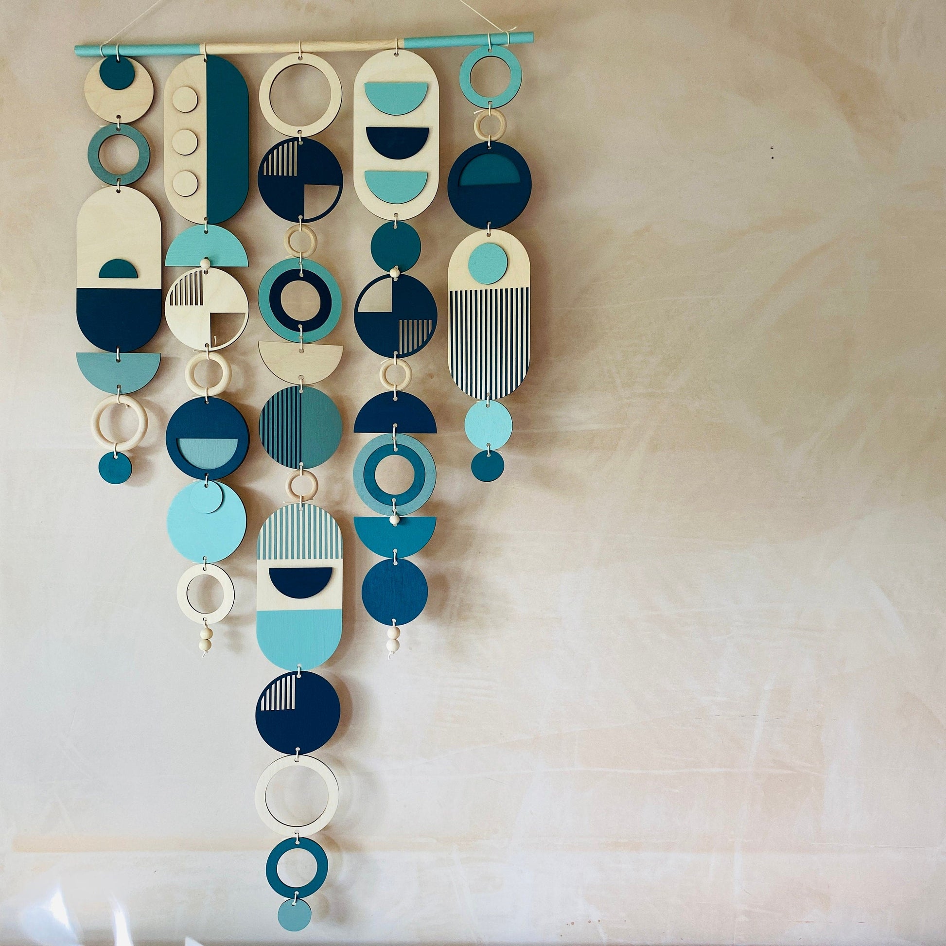 Large Blue Geometric Wall Art Handmade Wooden Tapestry