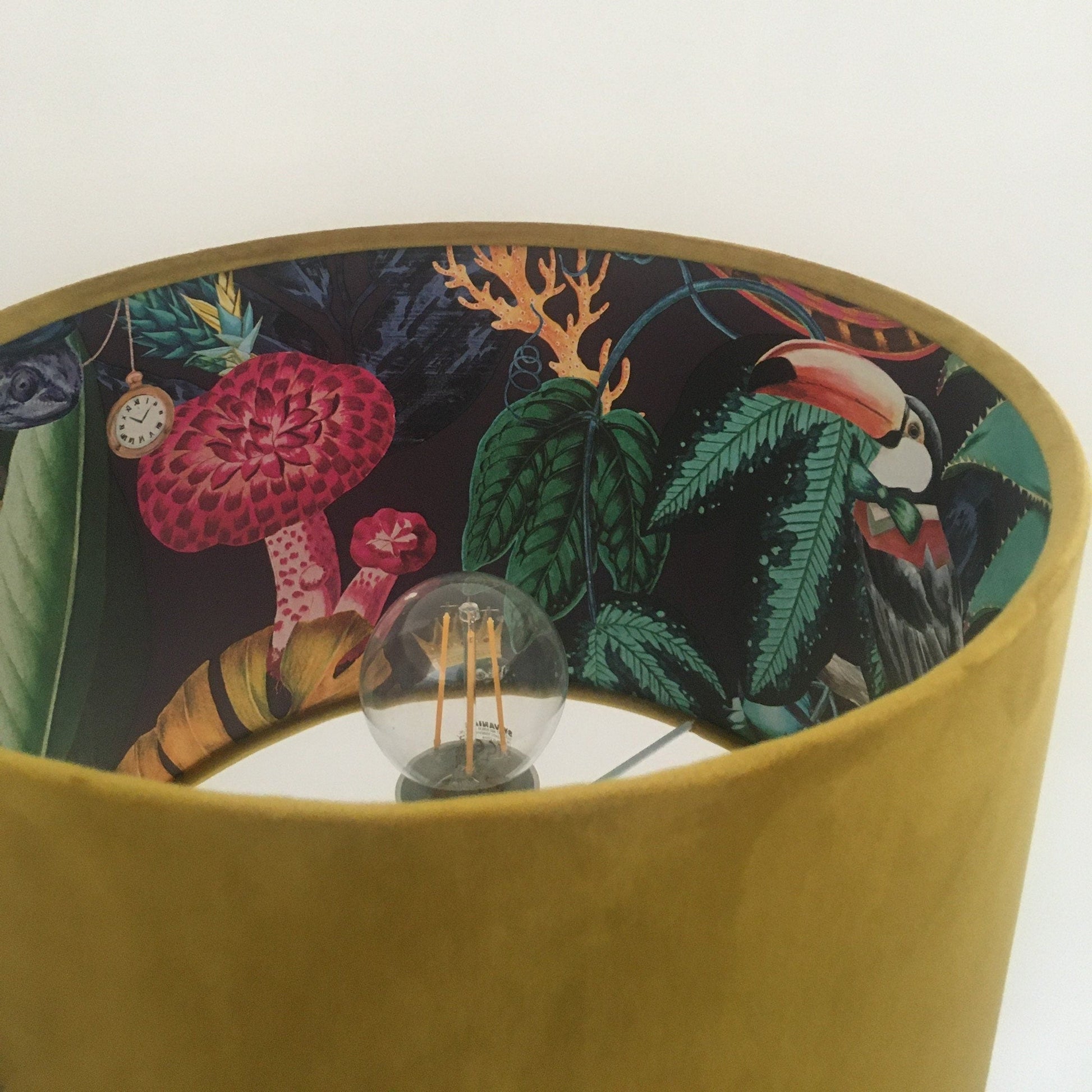 Mustard velvet drum lampshade/ ceiling light shade with wonderland paper interior