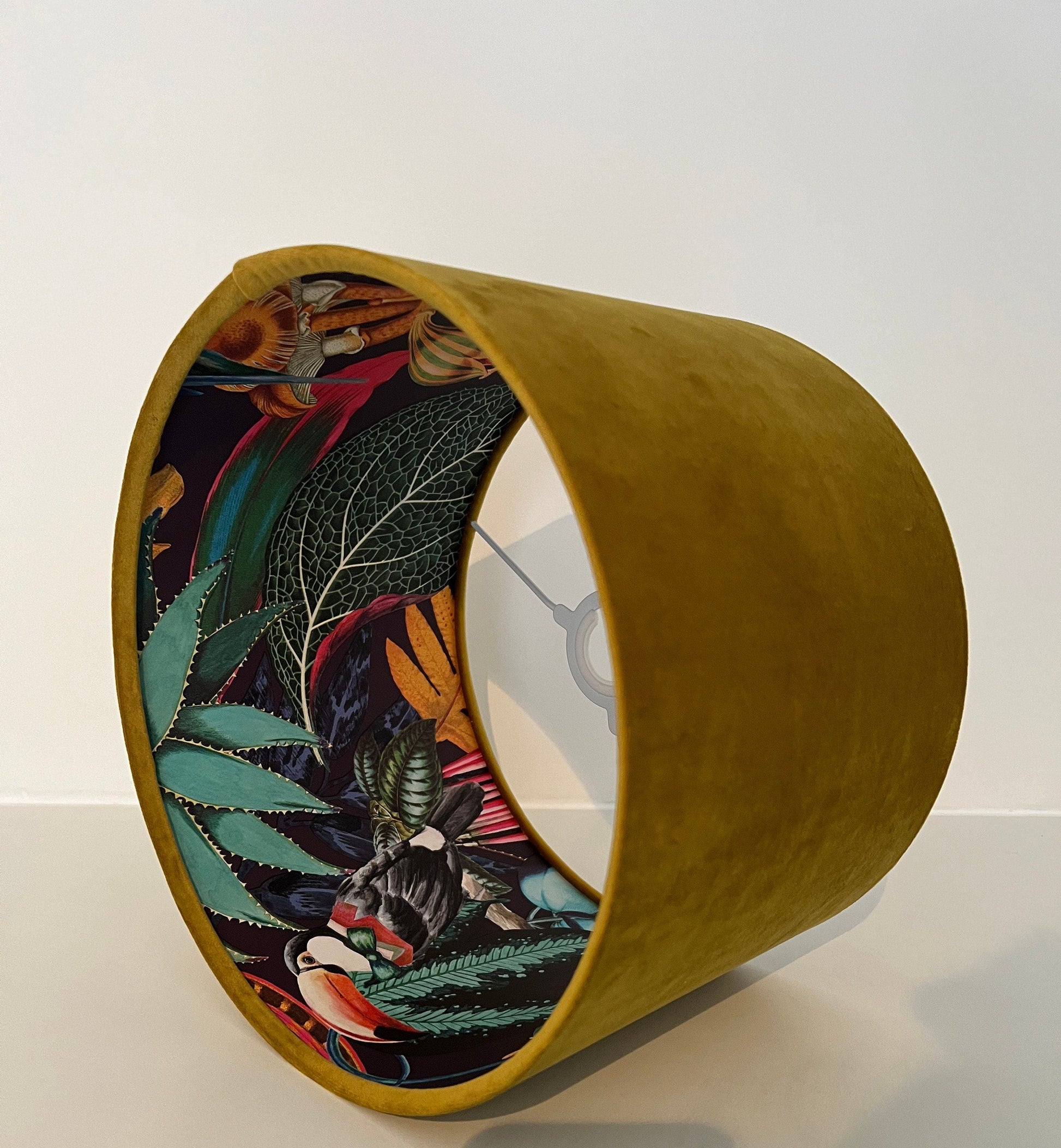 Mustard velvet drum lampshade/ ceiling light shade with wonderland paper interior