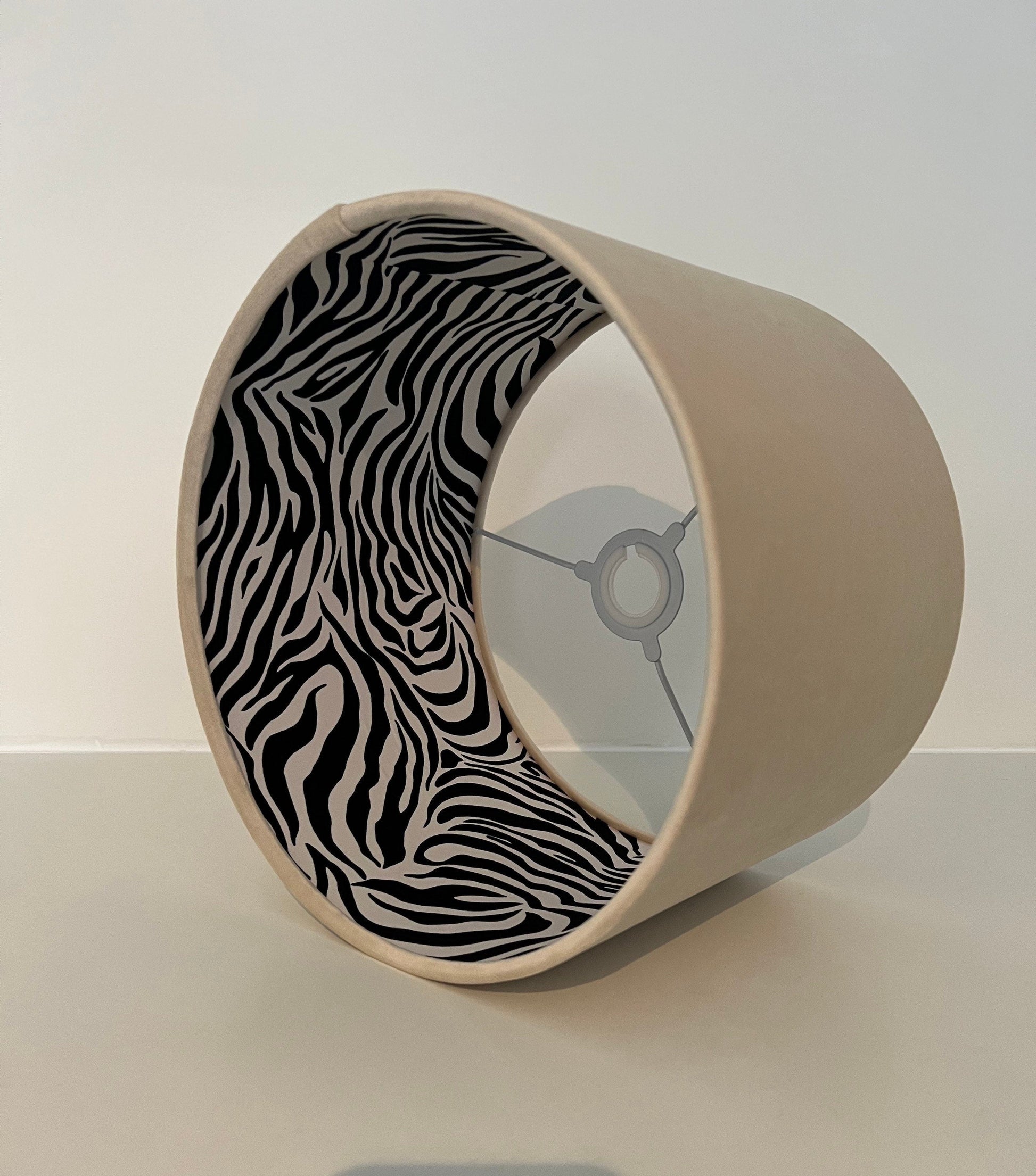 Cream velvet drum lampshade/ ceiling light shade with zebra print cotton interior