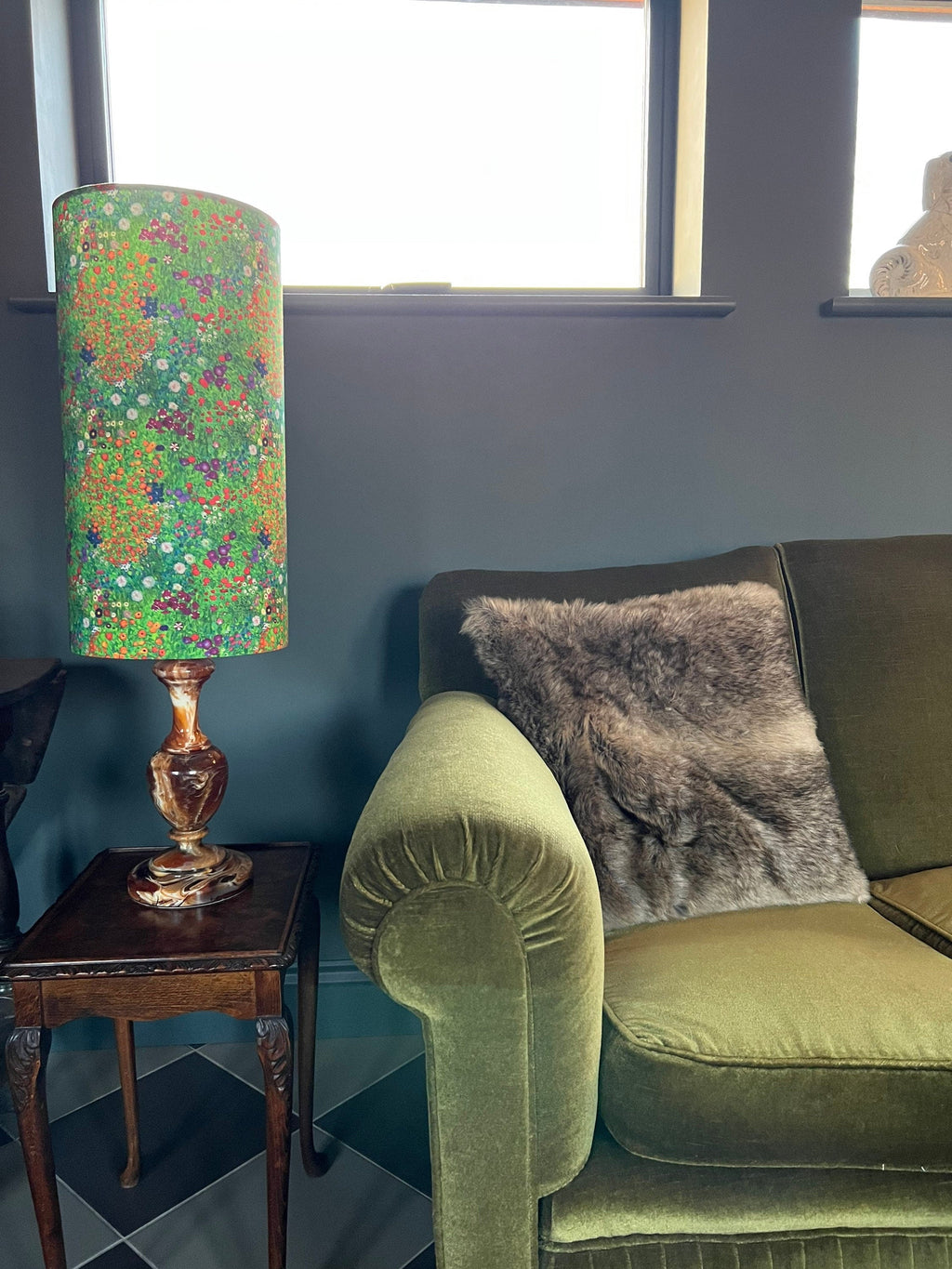 Green flowers cotton extra tall cylindrical lampshade, with a white lining