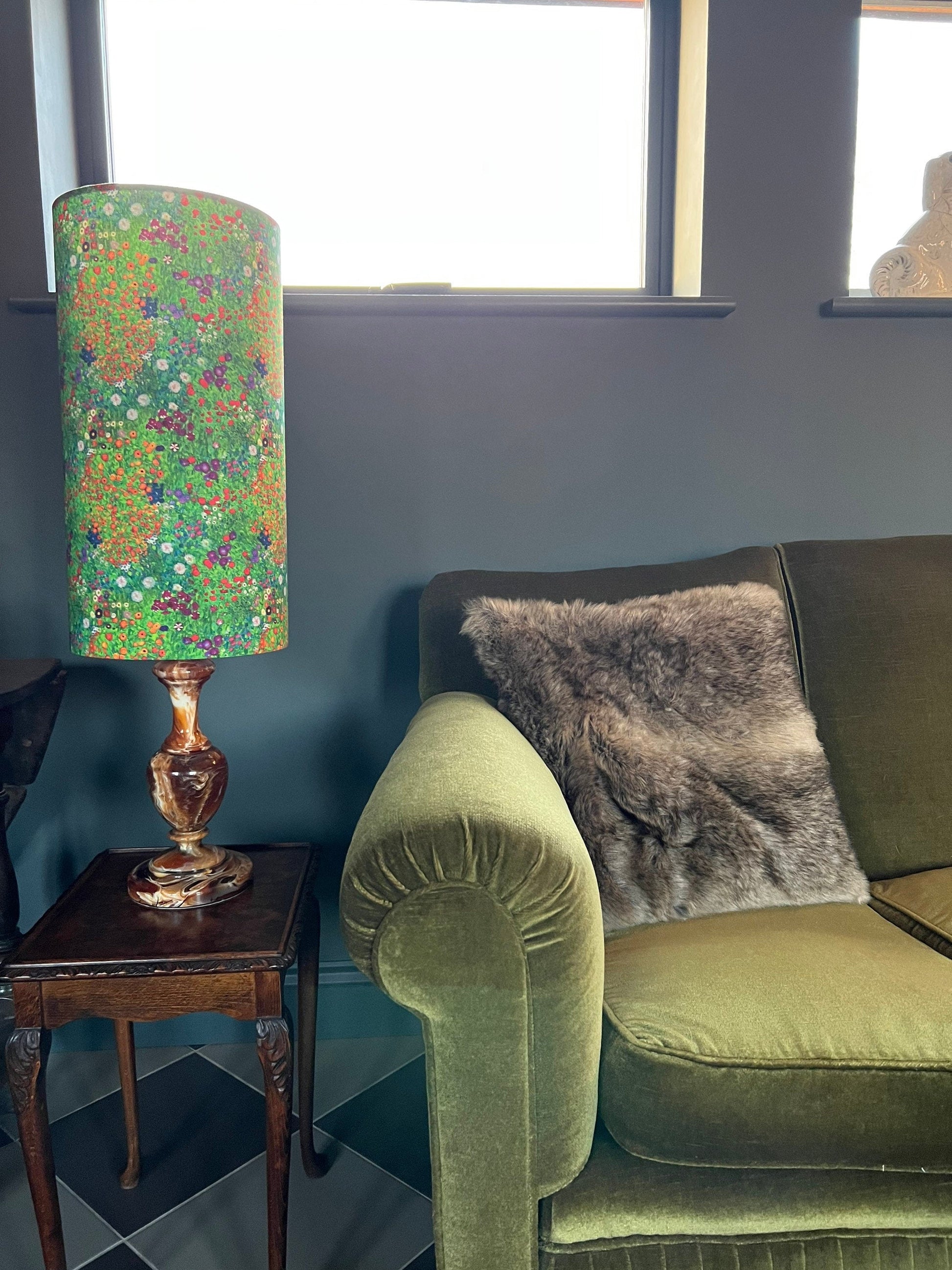 Green flowers cotton extra tall cylindrical lampshade, with a white lining