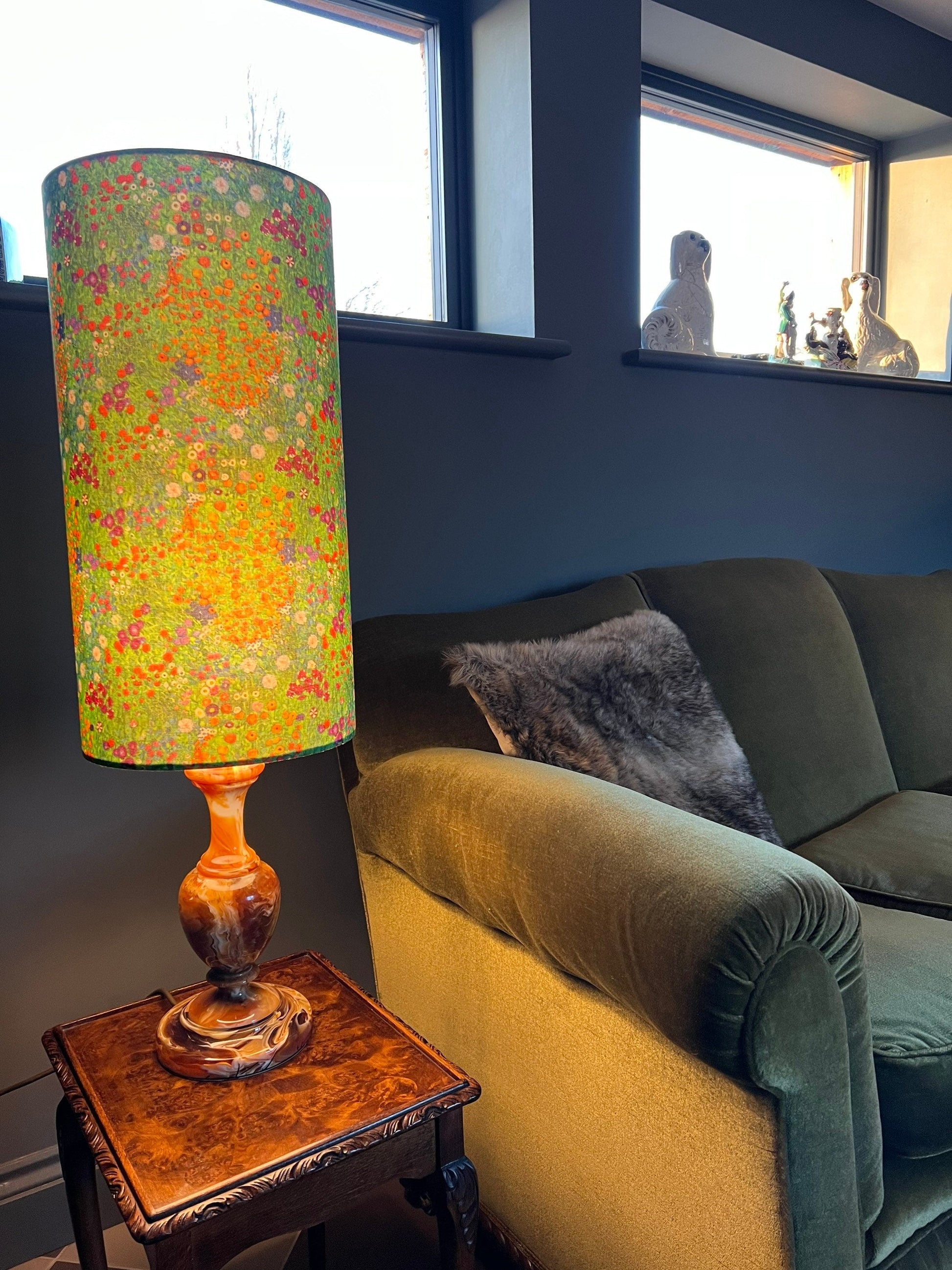 Green flowers cotton extra tall cylindrical lampshade, with a white lining