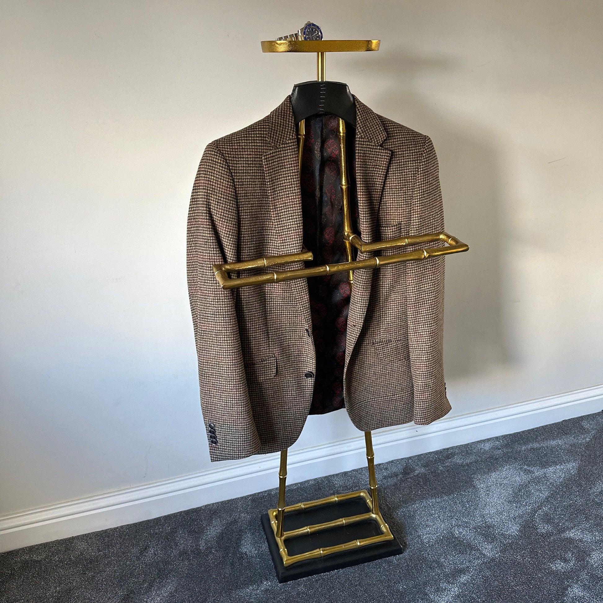Vintage Brass Clothes Rack with Leather Shoulder Pad and Jewellery Tray