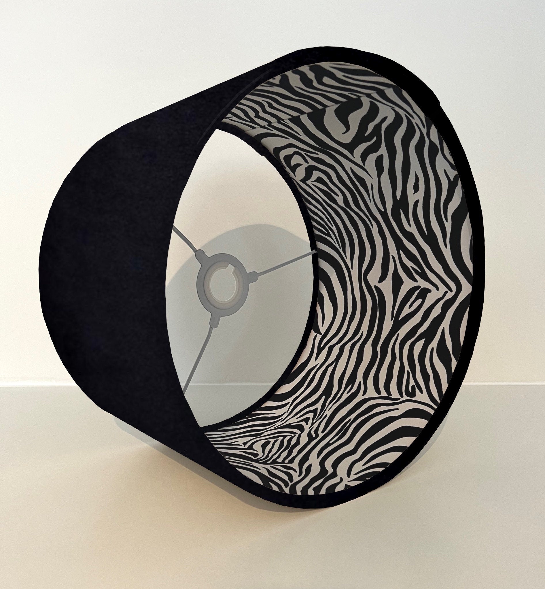 Black velvet drum lampshade/ ceiling light shade with zebra print cotton interior