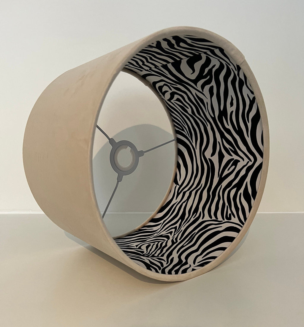 Cream velvet drum lampshade/ ceiling light shade with zebra print cotton interior