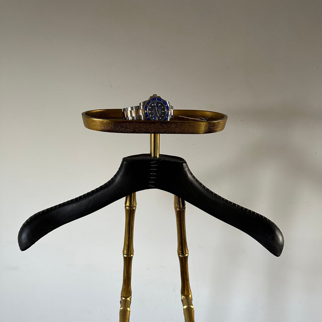 Vintage Brass Clothes Rack with Leather Shoulder Pad and Jewellery Tray