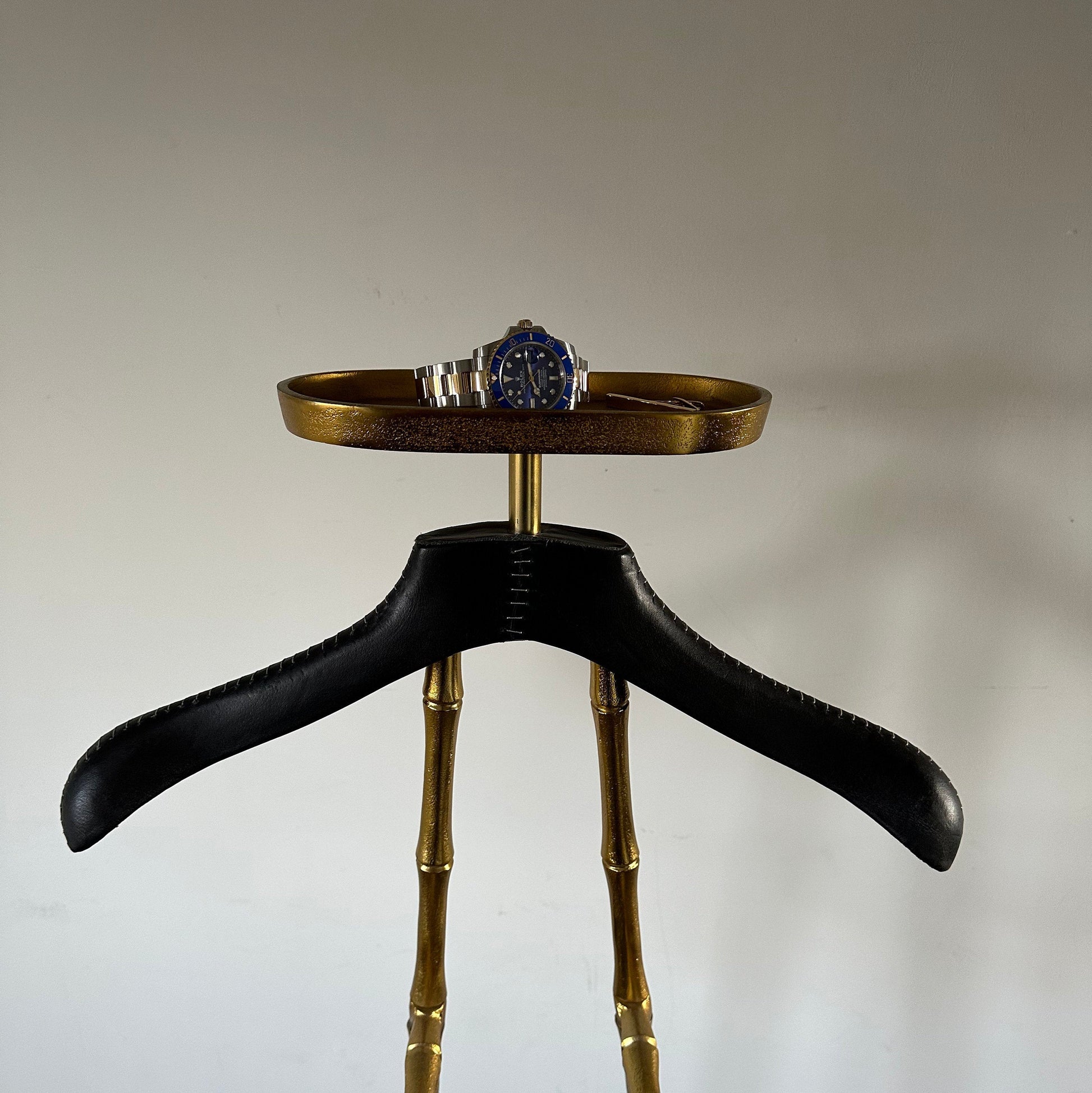 Vintage Brass Clothes Rack with Leather Shoulder Pad and Jewellery Tray